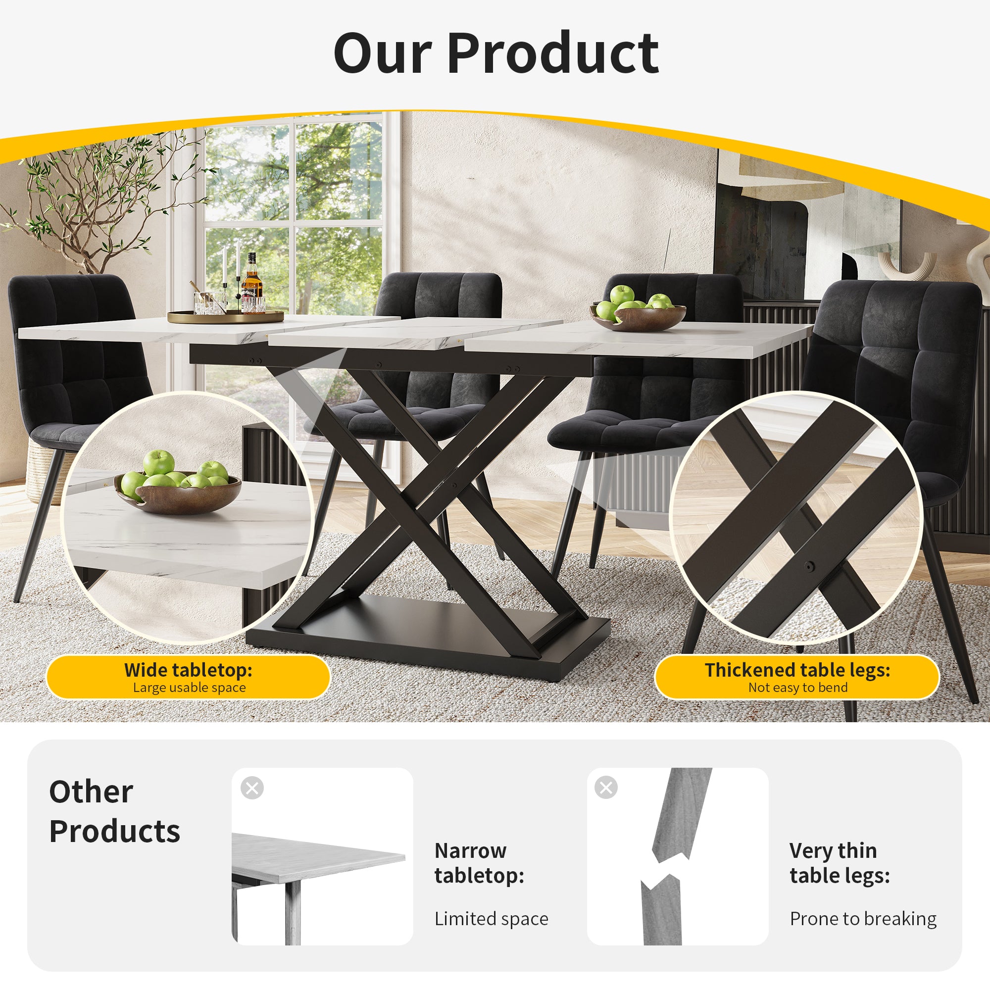 Telescopic dining table (120-160×80 cm), extendable dining table, space-saving kitchen table, black crossed iron legs, for kitchen and living room, white marble dining table