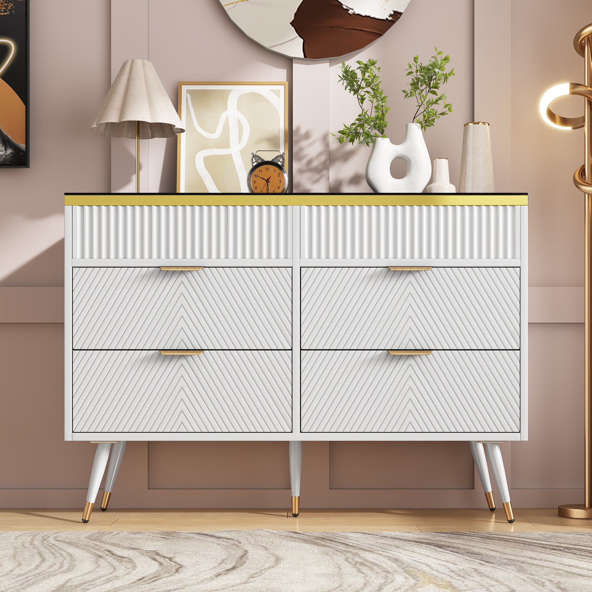 Sideboard Cabinet Dresser with 6 Drawers,Amber glass chest of drawers, Compartmentalised storage,Anti-tip,Dressing table for Living Room, Hallway, Bedroom, and Children's Room, 120 x 40 x 76 cm, White
