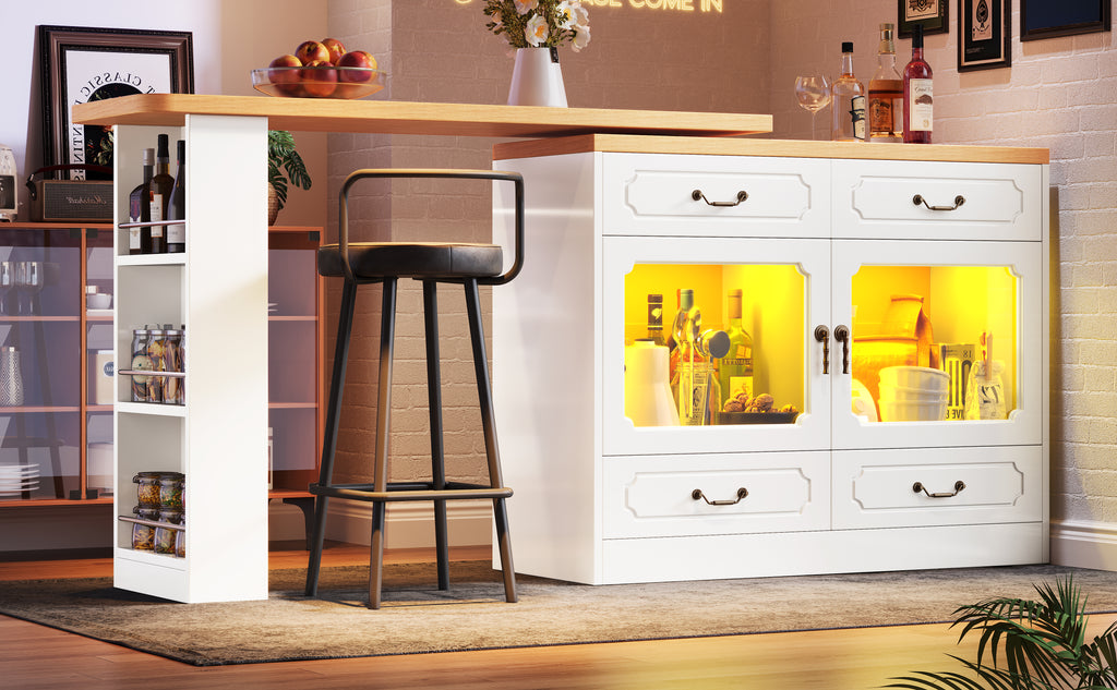 360° Rotating Kitchen Island Bar Table with App Controlled LED Lights, Buffet Sideboard with 4 Drawers & Glass Cabinet, Multifunctional Dining/Work Desk for Living Room & Kitchen