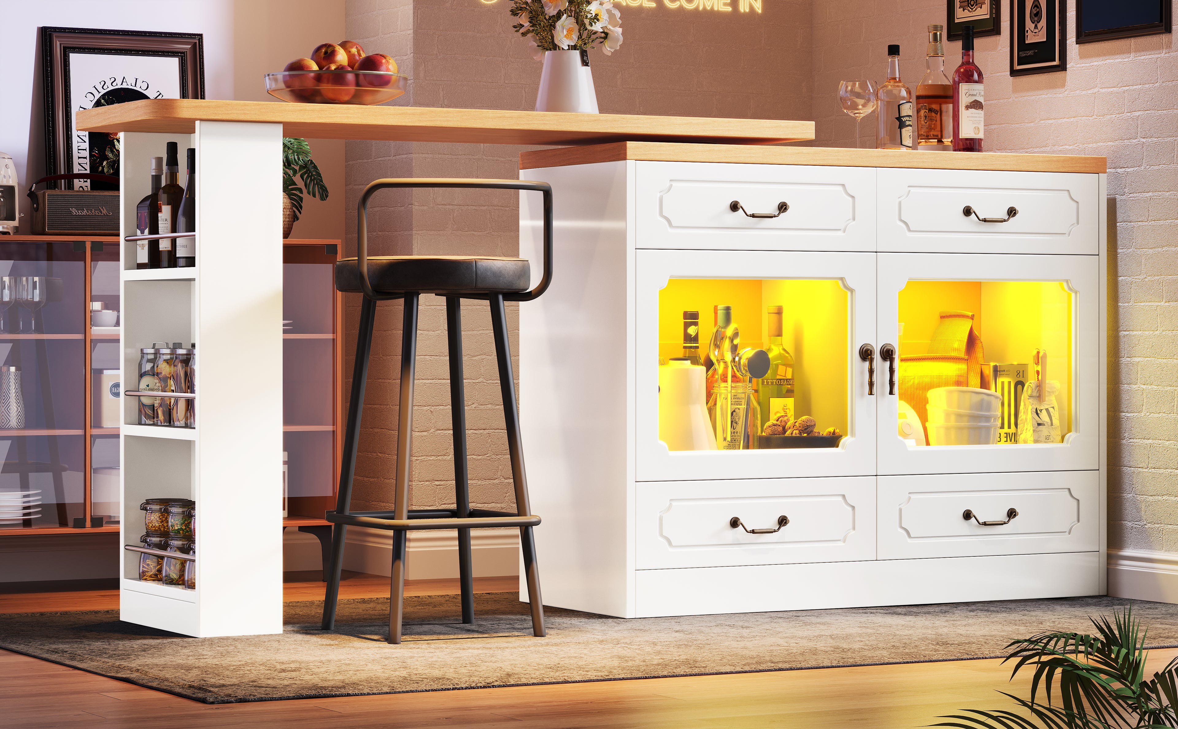 360° Rotating Kitchen Island Bar Table with App Controlled LED Lights, Buffet Sideboard with 4 Drawers & Glass Cabinet, Multifunctional Dining/Work Desk for Living Room & Kitchen