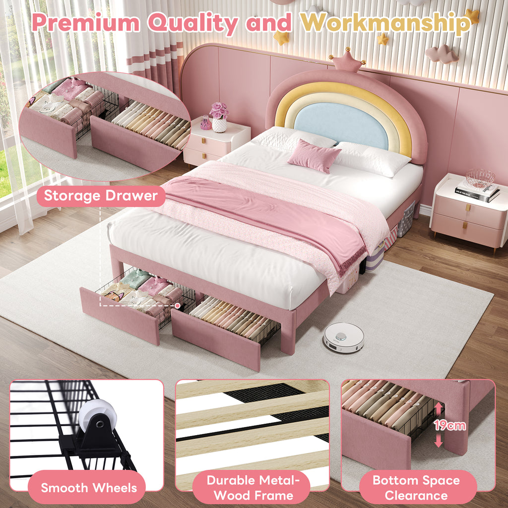 4ft6 Double Upholstered Bed with Adjustable Rainbow Headboard, Soft Velvet Bed Frame with Storage Drawer, Stylish Rainbow Headboard with Crown, No Box Spring Needed, Easy Assembly, Pink (No Mattress)