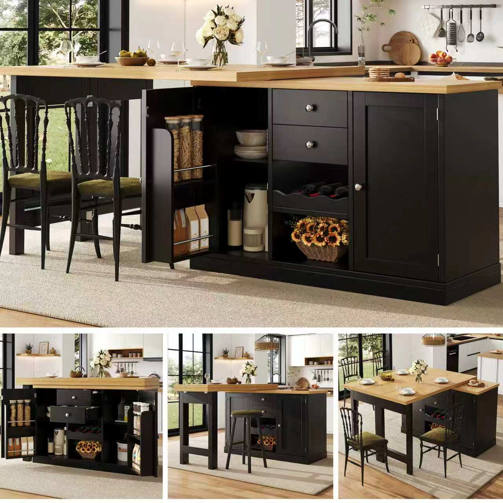 Extendable Sideboard & Dining Table Combo, 2 Drawers & Snack rack, Space-Saving Sideboard for Small Flats, White/Black