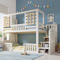Bunk Beds for Kids, Wooden Cabin Bed with Staircase Storage, Multi-functional Tree-house Bed, Children's House Bed, Twin Sleeper (90+90) x 190 cm, Solid Wood, White