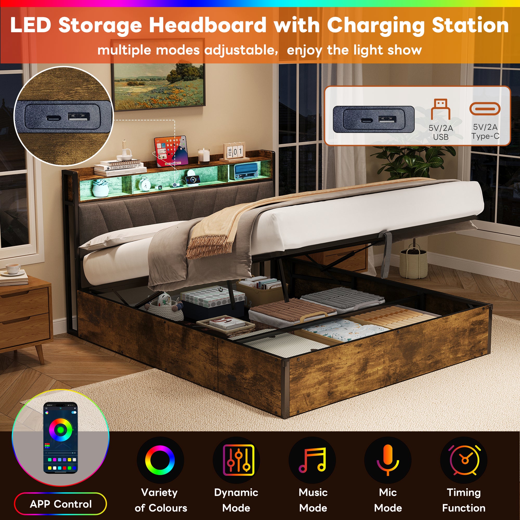 4ft6 Double Bed Frame with Hydraulic Storage, RGB LED Storage Headboard with Charging Station, USB and Type-C Ports, No Box Spring Needed, Easy Assembly, Black+Walnut (No Mattress)