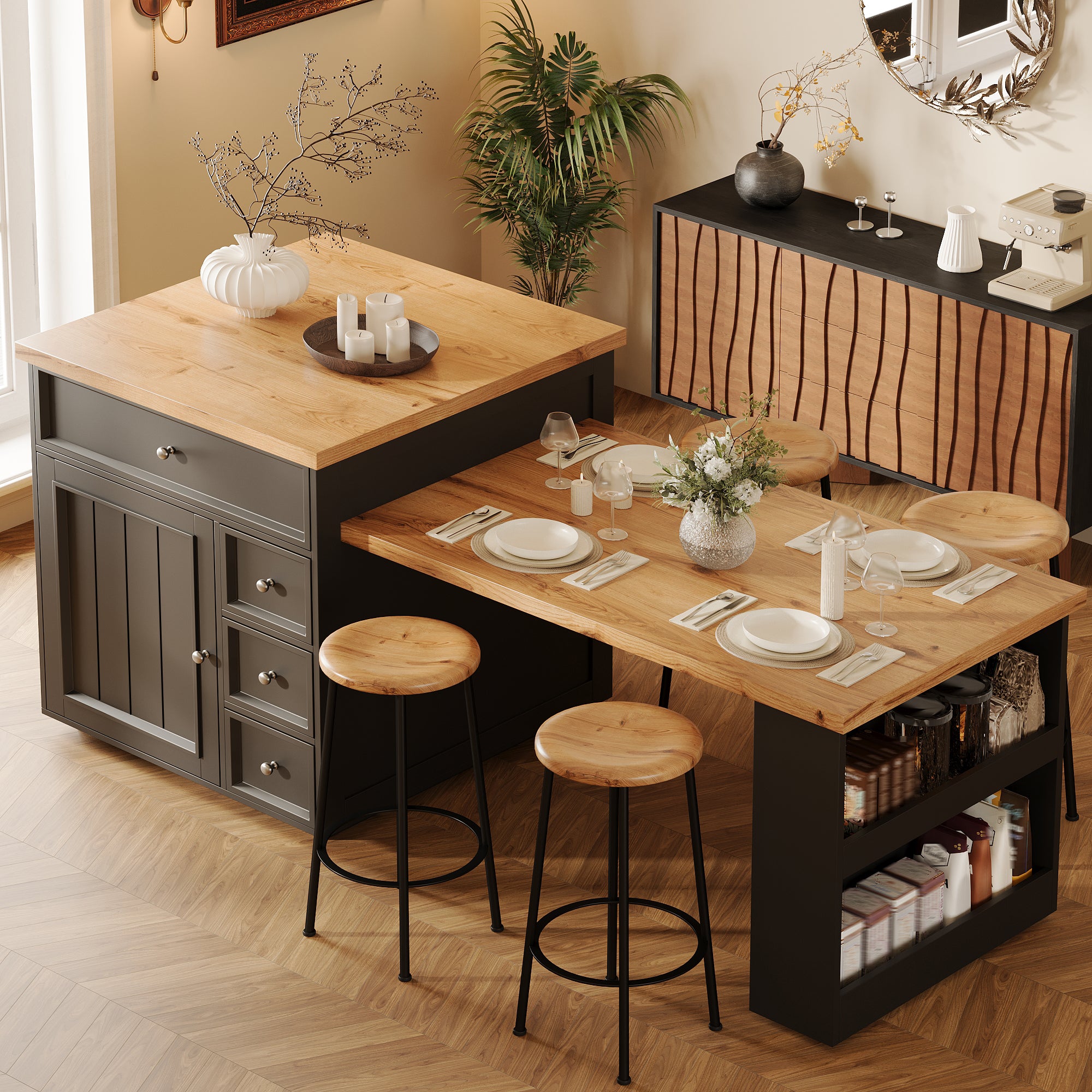 Extendable kitchen island (120-184 cm) with drawers and casters, mobile kitchen island with wood-look tabletop, versatile counter island for kitchen, dining room & bar counter, white/black