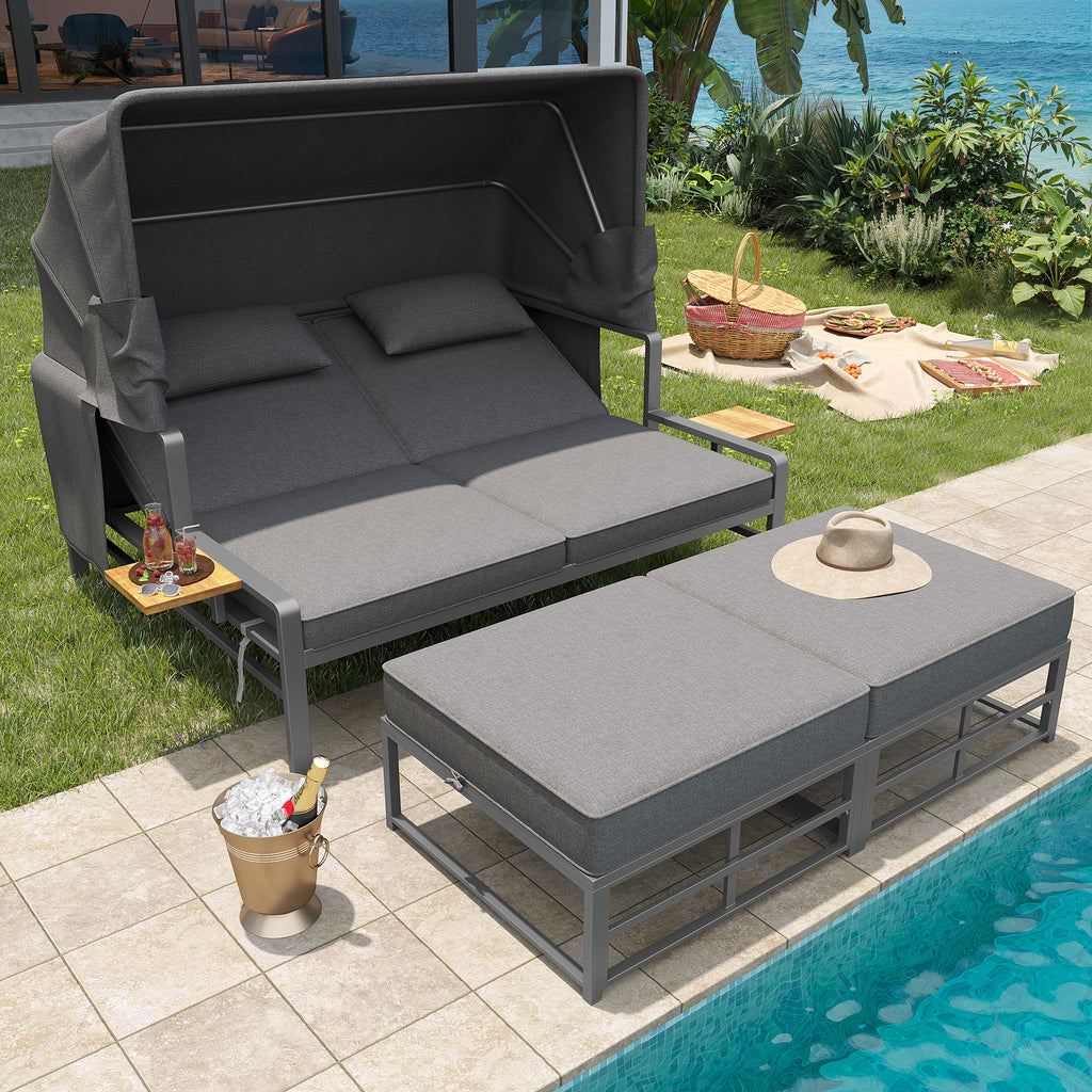 Garden lounge set for 2-4 people, sun lounger set, garden lounger for 2 people with foldable sunshade, outdoor sofa set, dining set for terrace, balcony, garden, indoor/outdoor use