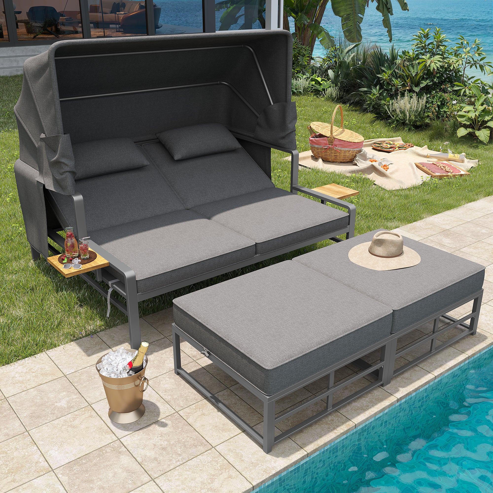 Garden lounge set for 2-4 people, sun lounger set, garden lounger for 2 people with foldable sunshade, outdoor sofa set, dining set for terrace, balcony, garden, indoor/outdoor use