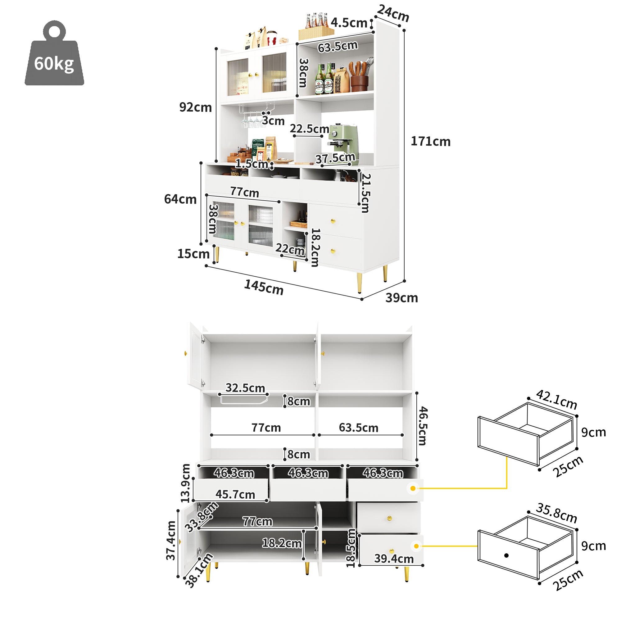 Multi-purpose Storage Cabinet(145 x 39 x 171 cm), Modern design, with Changhong glass door, Wine glass holder, Multi-layered storage space, White with gold decoration, Suitable for home and restaurant