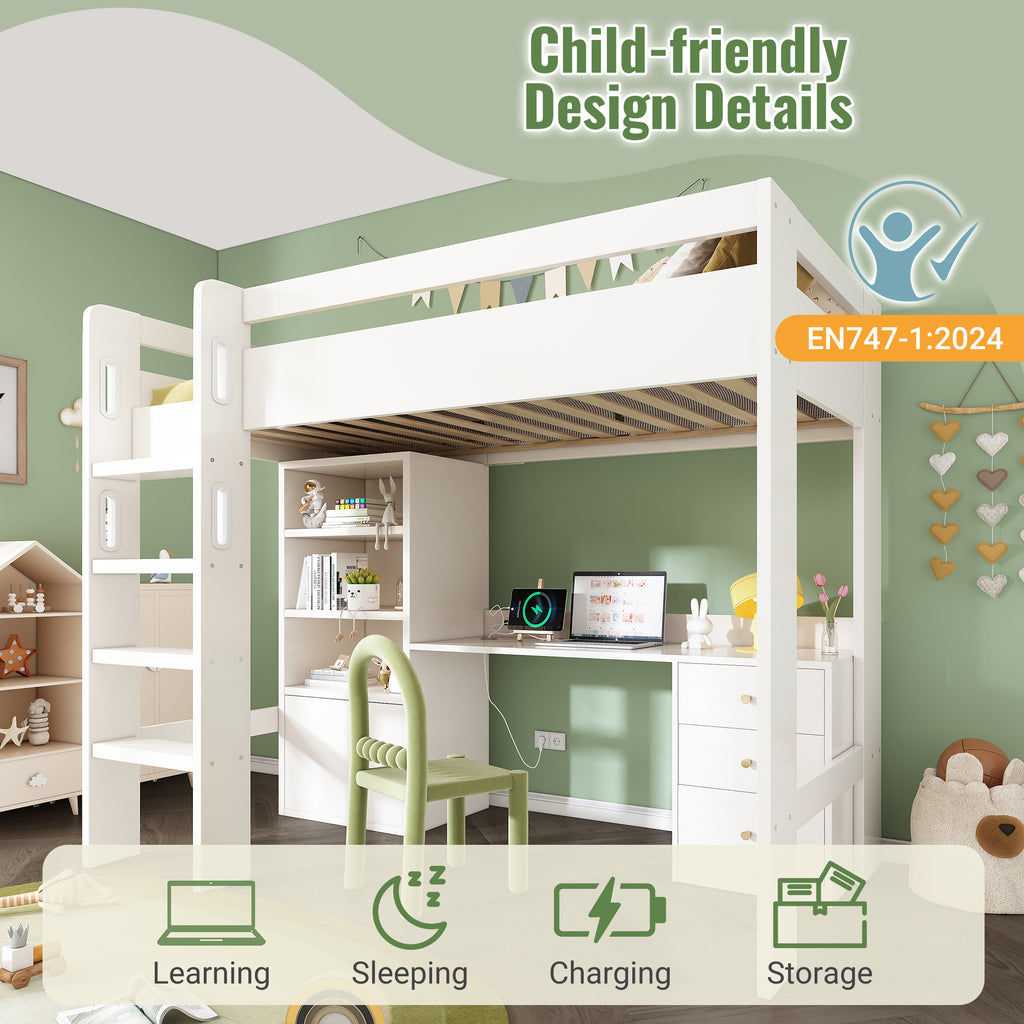 Kids' High Sleeper Bunk Bed with USB-C Desk, Bookshelf & Filing Cabinet, 90 x 190 cm Children's Loft Bed with Stairs & Storage Space, All-in-One Single Bed Frame with Slatted Frame, No Mattress