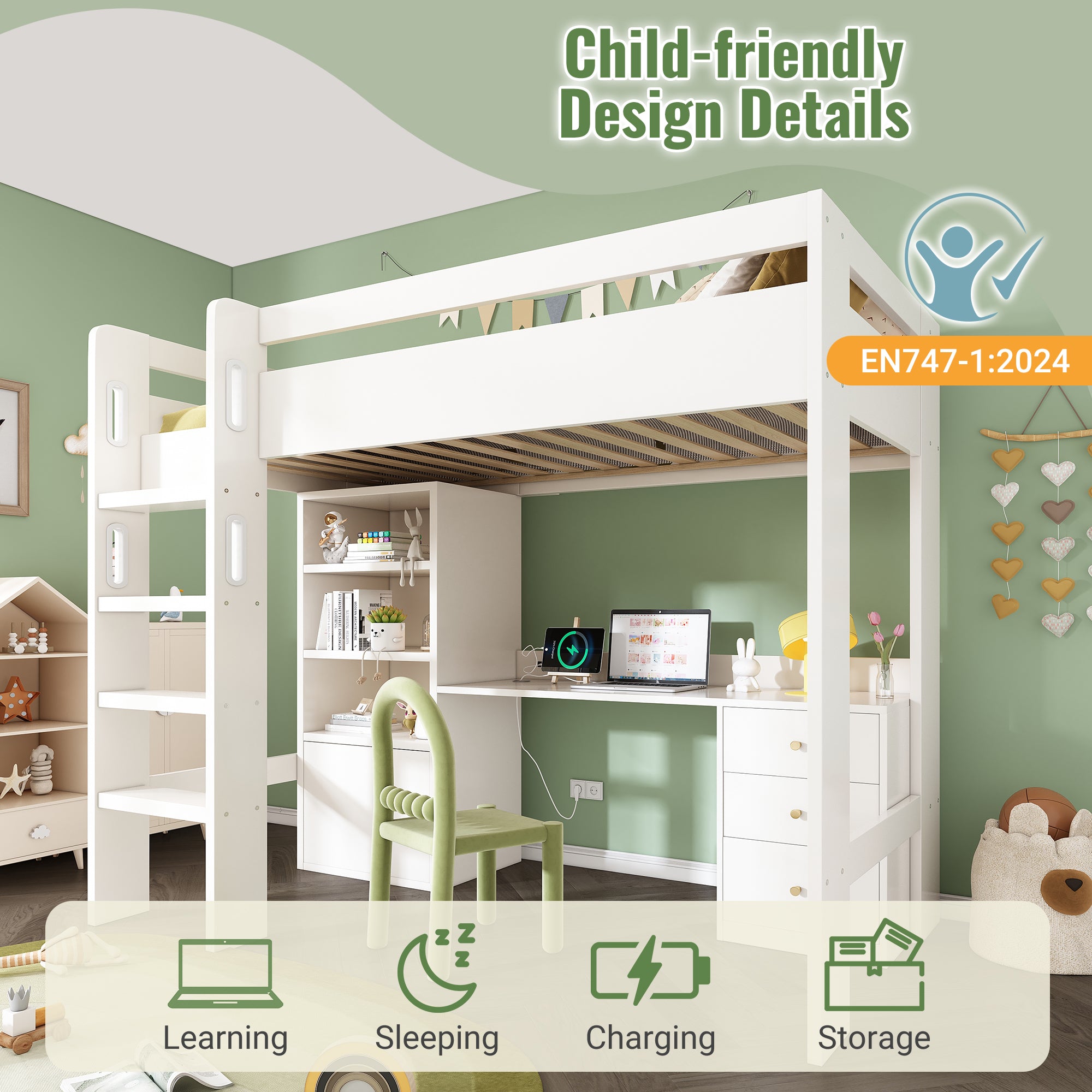 Kids' High Sleeper Bunk Bed with USB-C Desk, Bookshelf & Filing Cabinet, 90 x 190 cm Children's Loft Bed with Stairs & Storage Space, All-in-One Single Bed Frame with Slatted Frame, No Mattress
