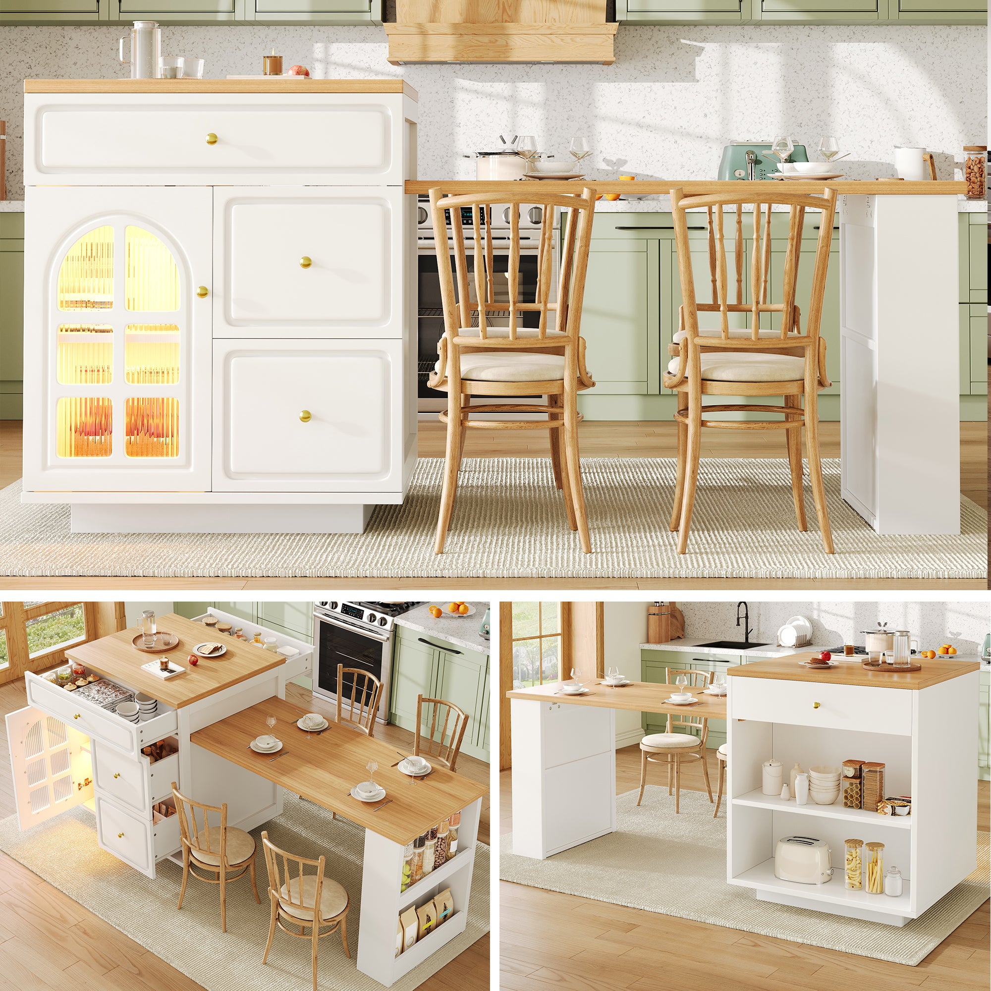 Extendable bar table with storage (122.5-195.5×70×93.5cm), with four drawers and curved glass door, kitchen island with extendable table, LED color light, for 2-6 people, kitchen dining cart with side