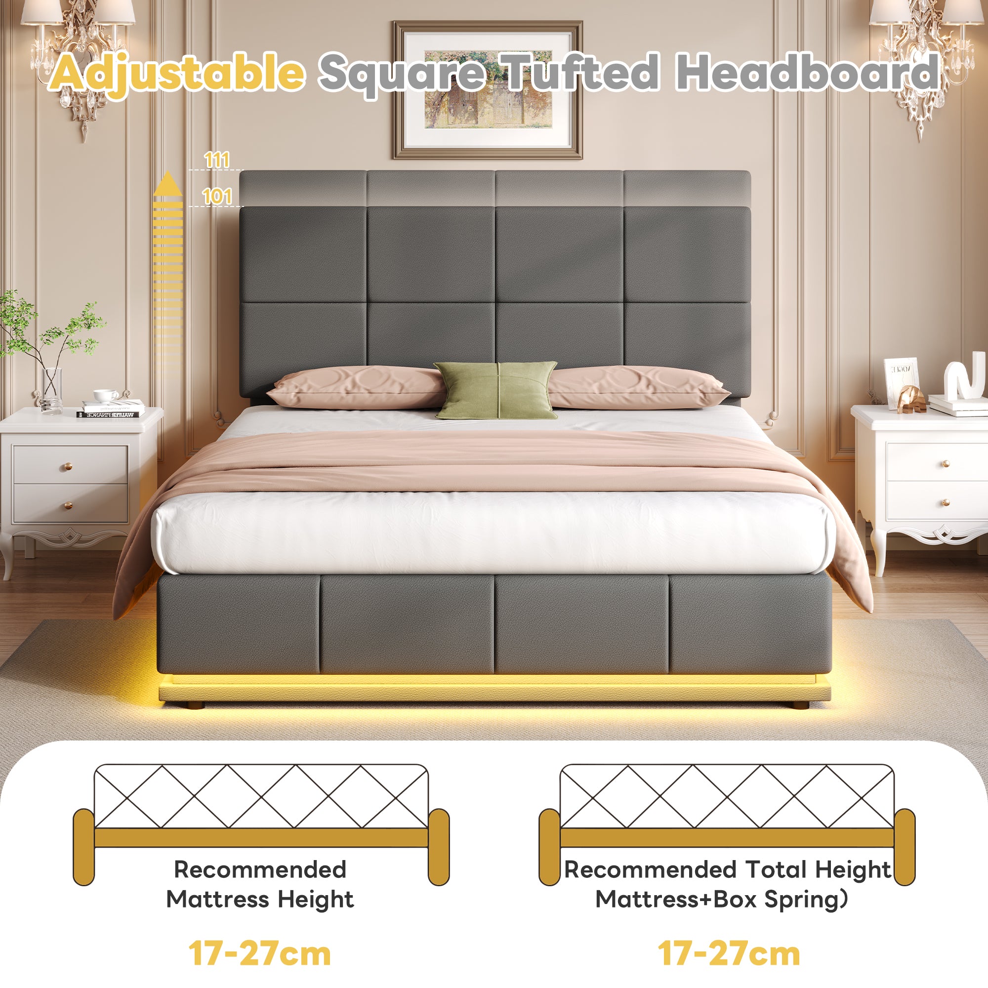 Ottoman Double Bed with LED Lighting, PU Leather Upholstered Bed with Hydraulic Storage, 4ft6 Double Bed Frame with Adjustable Square Tufted Headboard, Grey (No Mattress)