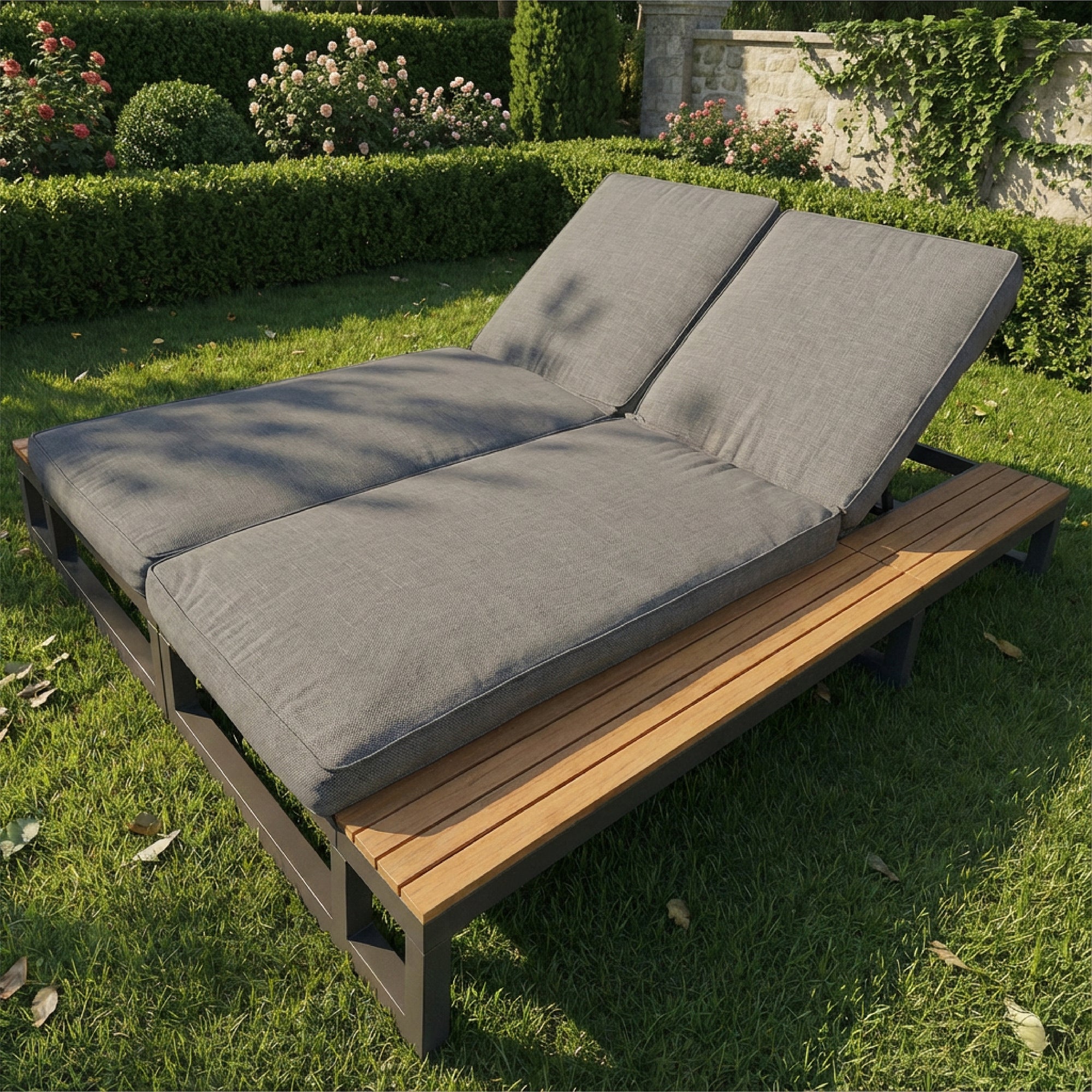Outdoor Patio Daybed, Outdoor Lounger, Multifunctional Waterproof Sofa Bed, Sun Lounger for Patio, Adjustable Backrest Angle, Gray, Double Lounge Bed