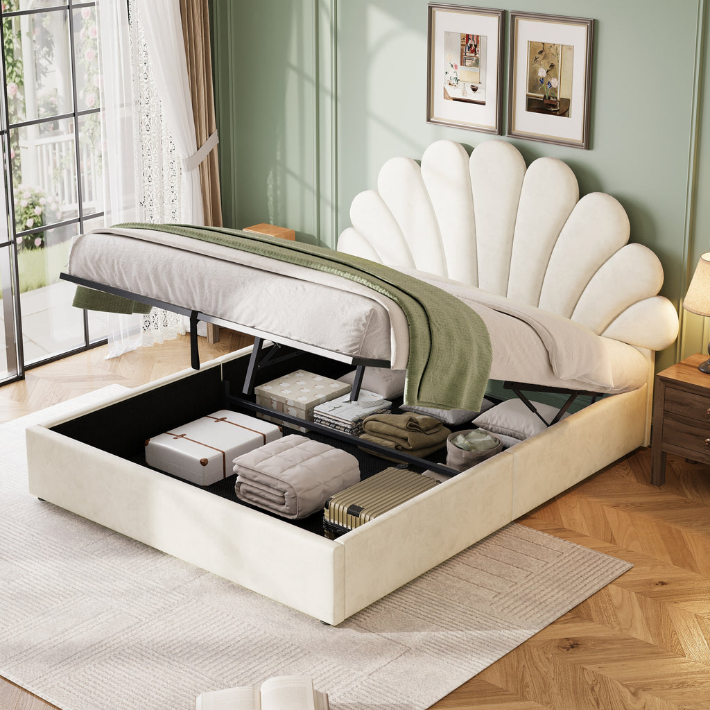 4ft6 Double Upholstered Hydraulic Bed with Adjustable Chic Petal Headboard, Soft Velvet Bed Frame with Hydraulic Storage, Petal Bed with Solid Wood Slat, No Box Spring Needed, Beige (No Mattress)