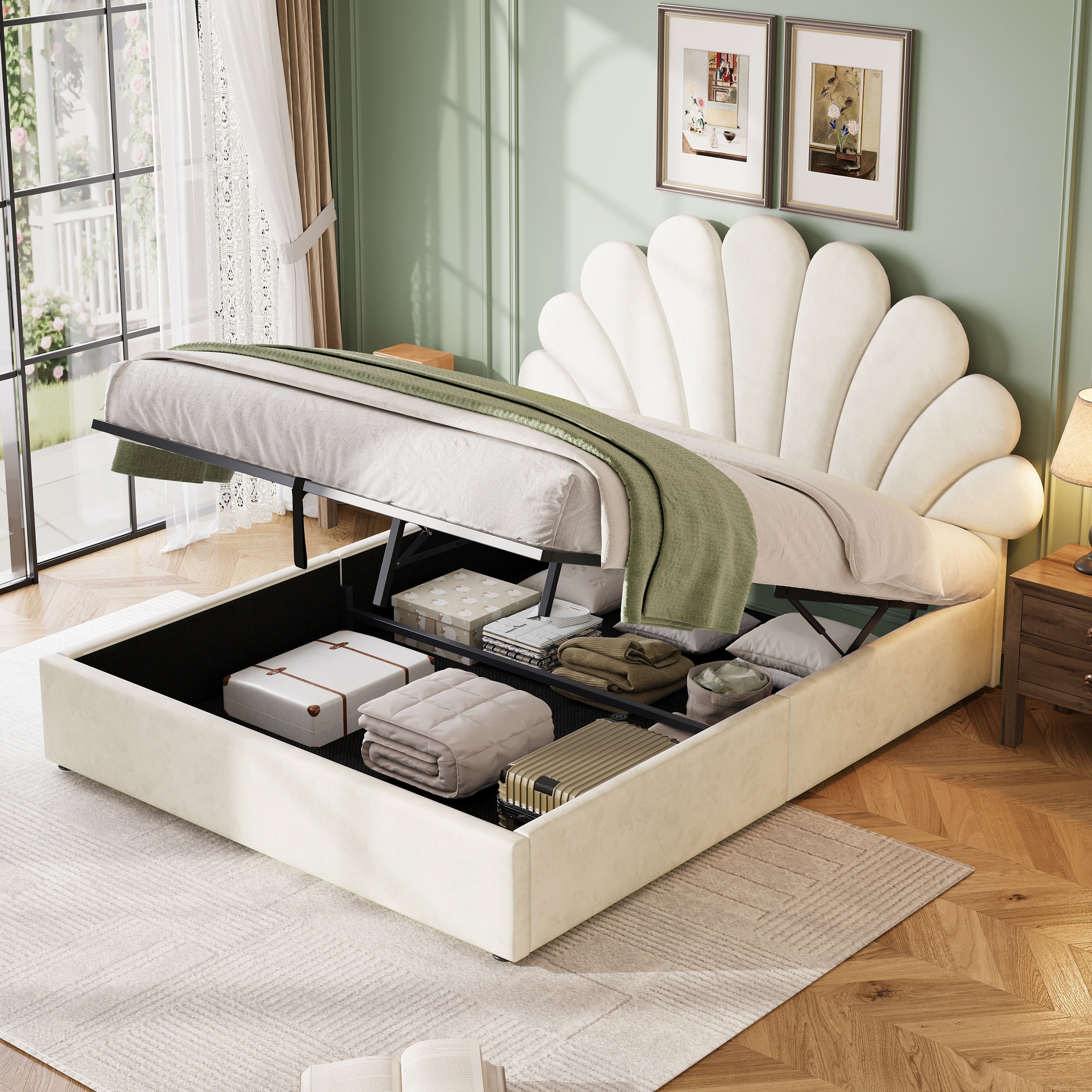 4ft6 Double Upholstered Hydraulic Bed with Adjustable Chic Petal Headboard, Soft Velvet Bed Frame with Hydraulic Storage, Petal Bed with Solid Wood Slat, No Box Spring Needed, Beige (No Mattress)