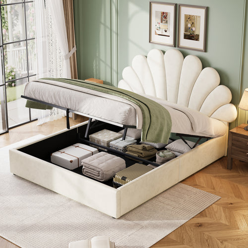 4ft6 Double Upholstered Hydraulic Bed with Adjustable Chic Petal Headboard, Soft Velvet Bed Frame with Hydraulic Storage, Petal Bed with Solid Wood Slat, No Box Spring Needed, Beige (No Mattress)