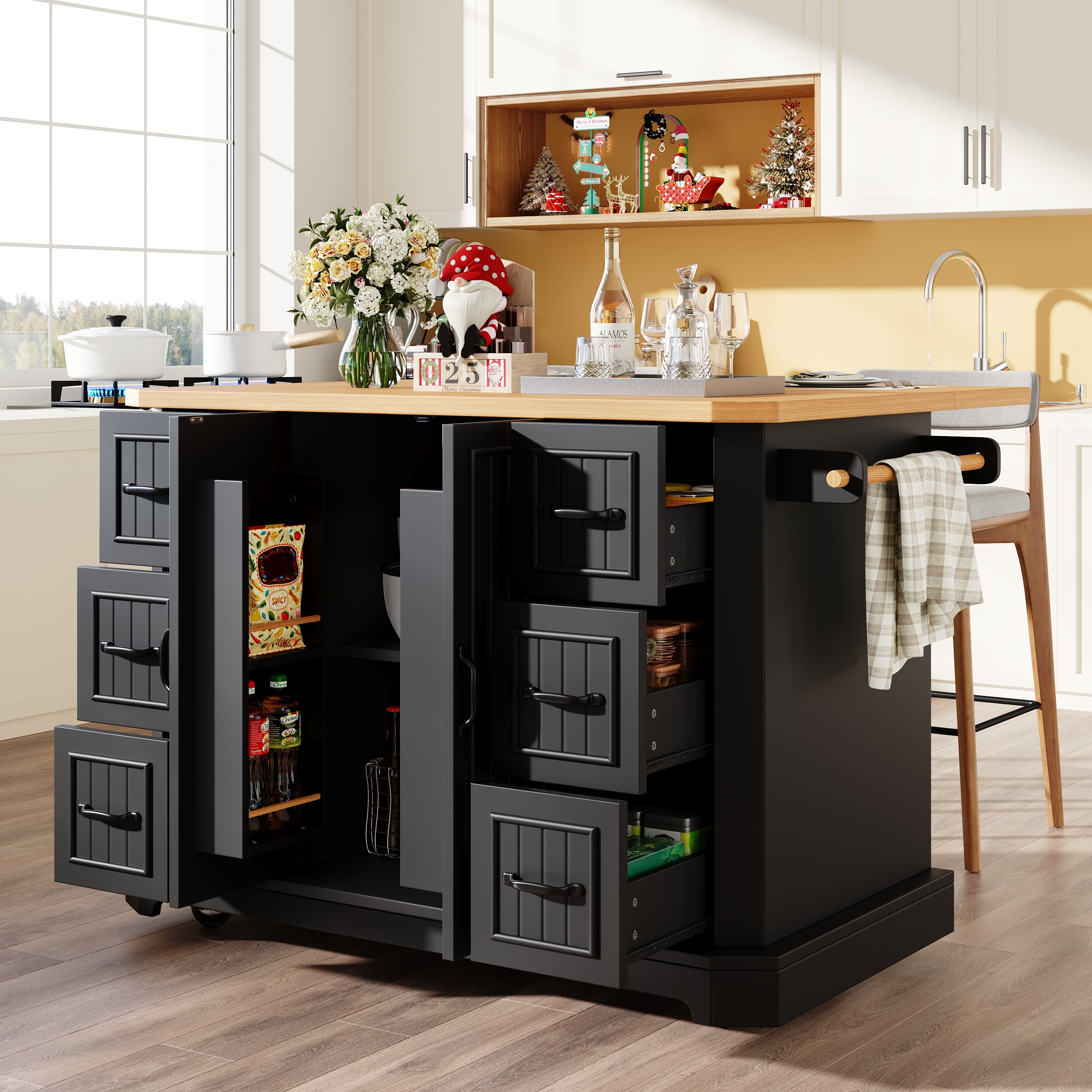 Mobile Kitchen Island Cart on Wheels - Cabinet with 2 Doors & 6 Drawers, Adjustable Width 45-75cm, White/Black