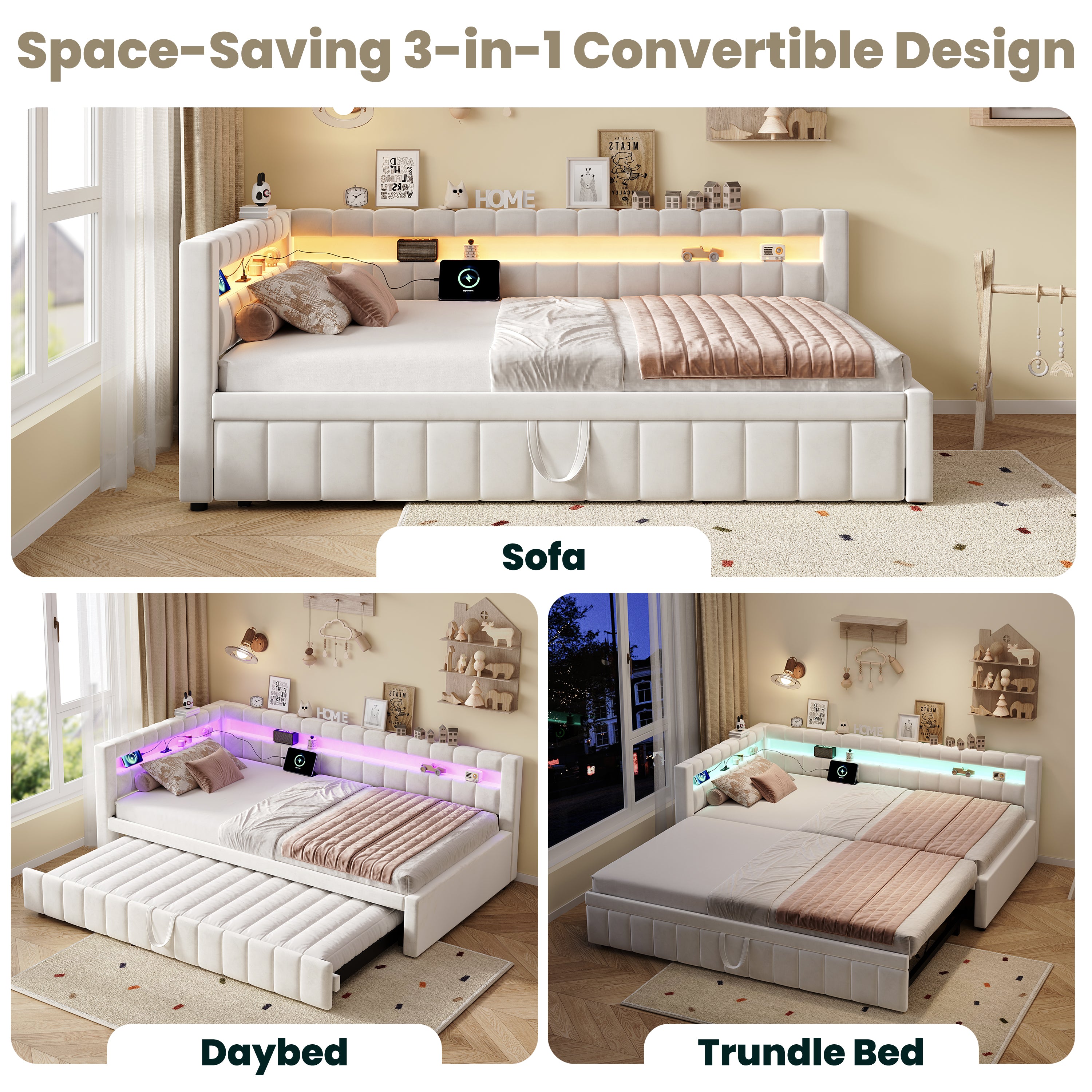 3ft Single Velvet Daybed, Sofa Bed with RGB LED Lights and Charging Station, Upholstered Sofa Bed with Trundle, Pull out Trundle Bed for Living Room, Bedroom or Study, Beige (No Mattress)