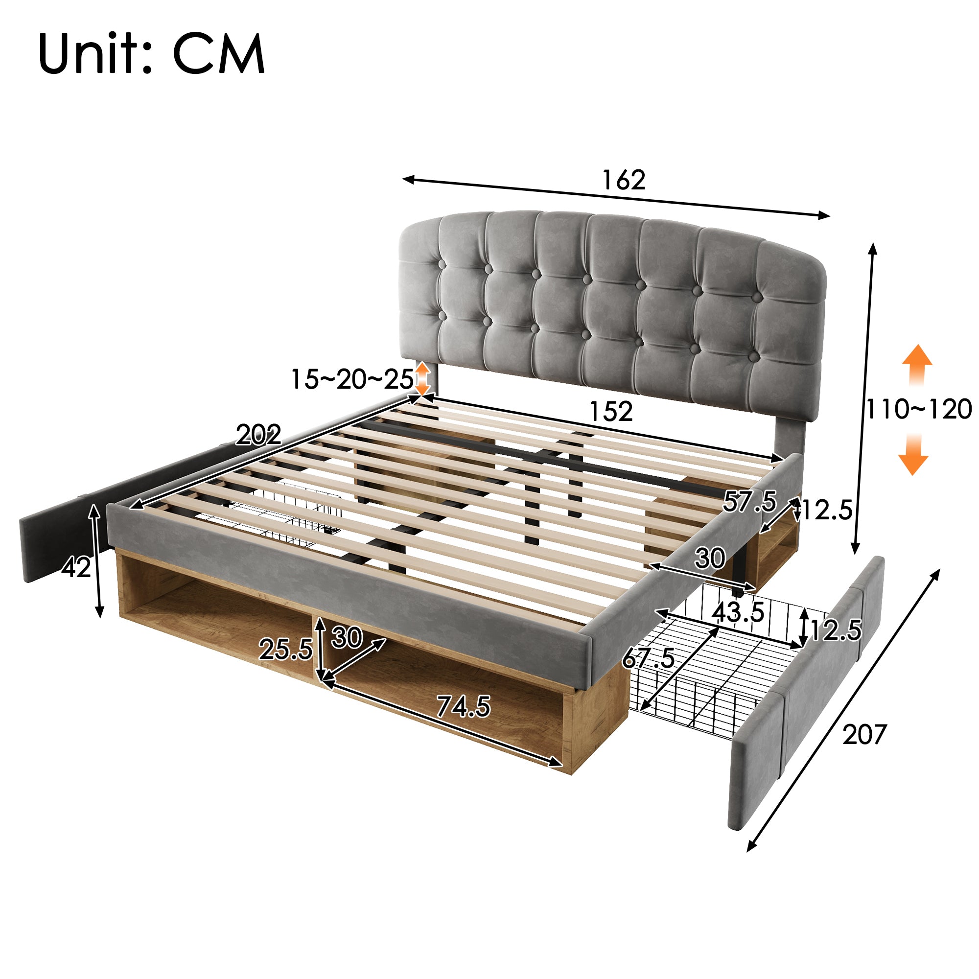 Upholstered King Bed with Storage Compartments and Drawers, 5ft King Bed with Adjustable Headboard, 150 x 200 cm, Velvet, Grey (No Mattress)