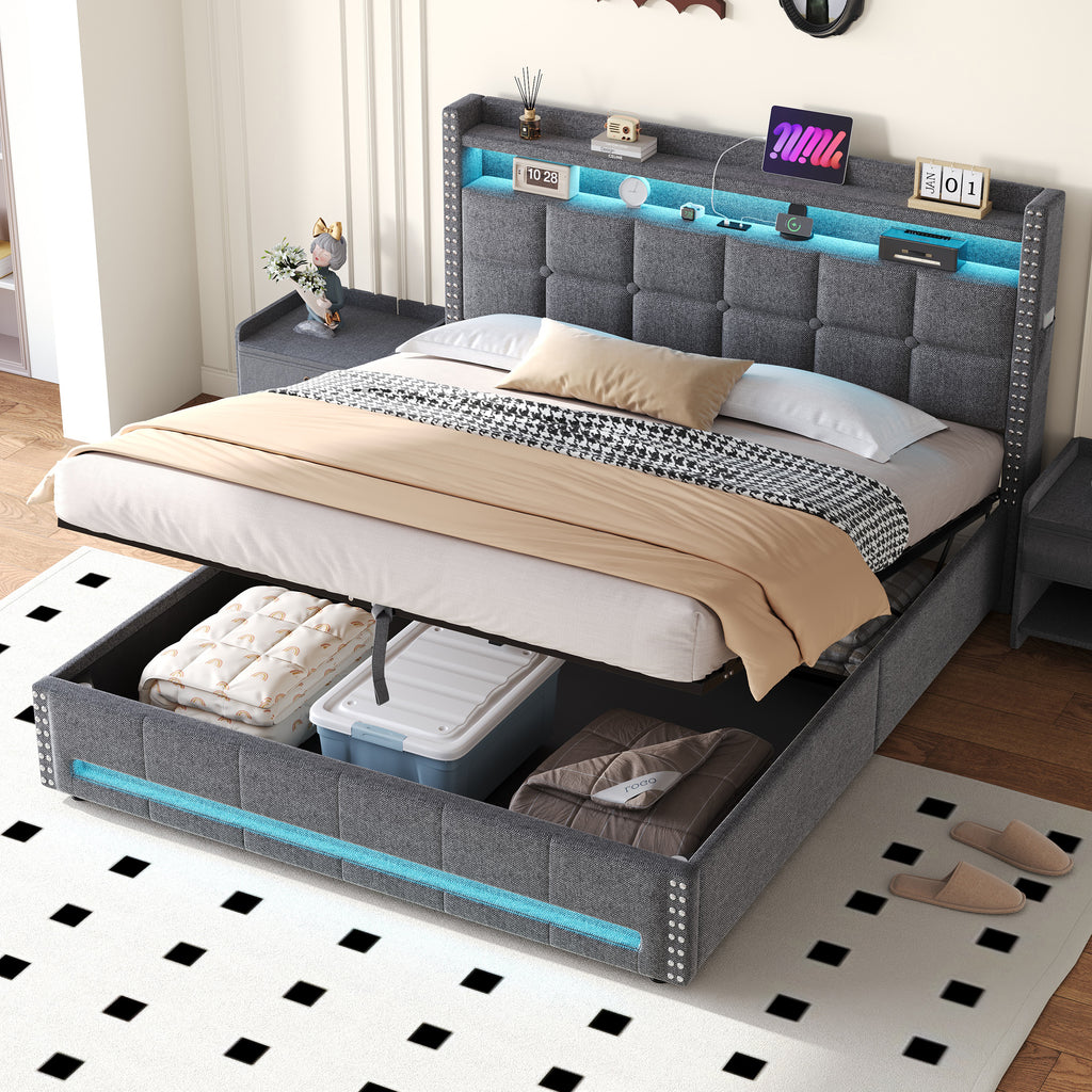 5ft King Upholstered Bed with Hydraulic Storage, LED Rivet  Storage Bed with Charging Station, Button Tufted Headboard with USB and Type - C Ports, No Box Spring Needed, Linen,  Grey (No Mattress)