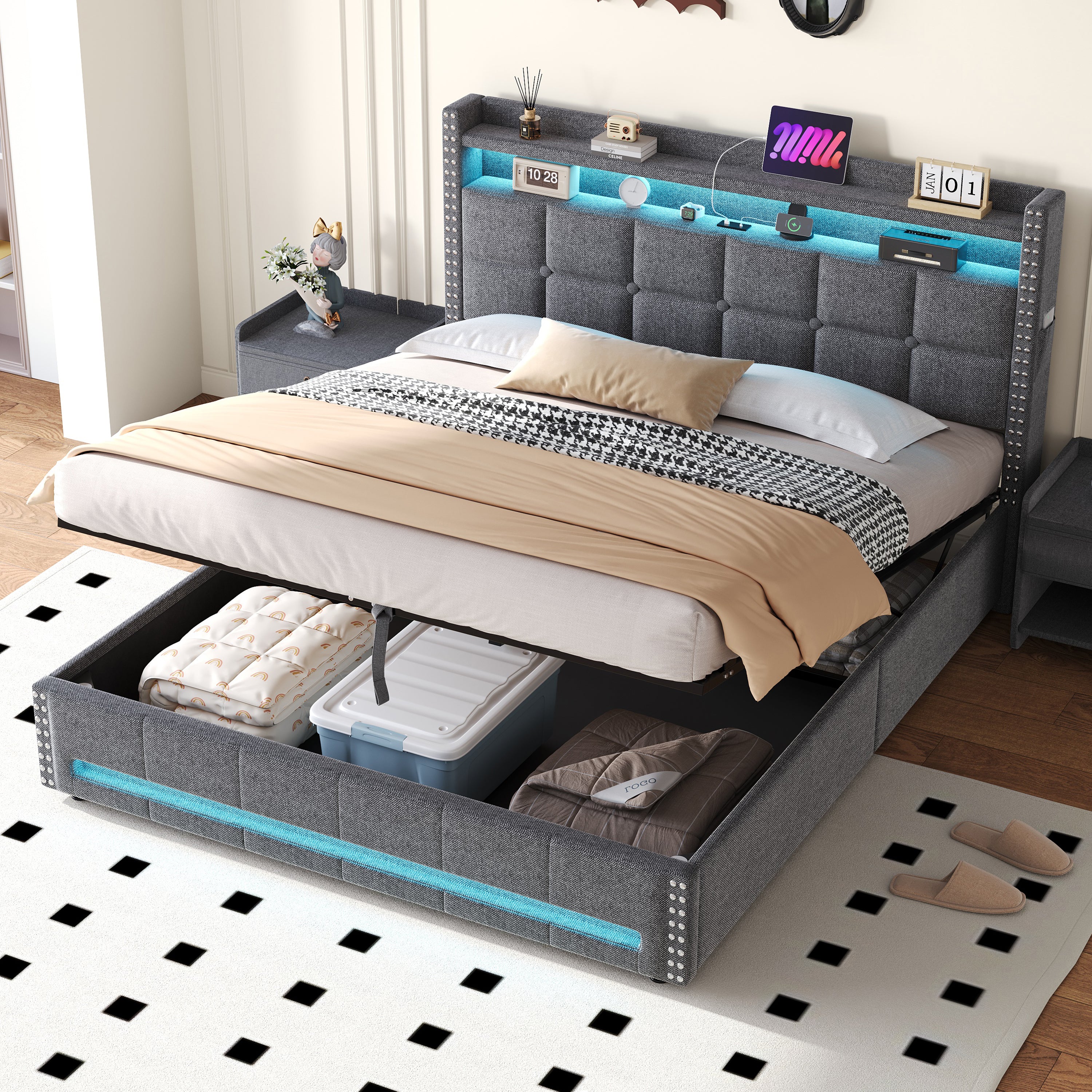 4ft6 Double Upholstered Bed with Hydraulic Storage, LED Rivet  Storage Bed with Charging Station, Button Tufted Headboard with USB and Type - C Ports, No Box Spring Needed, Linen,  Grey (No Mattress)
