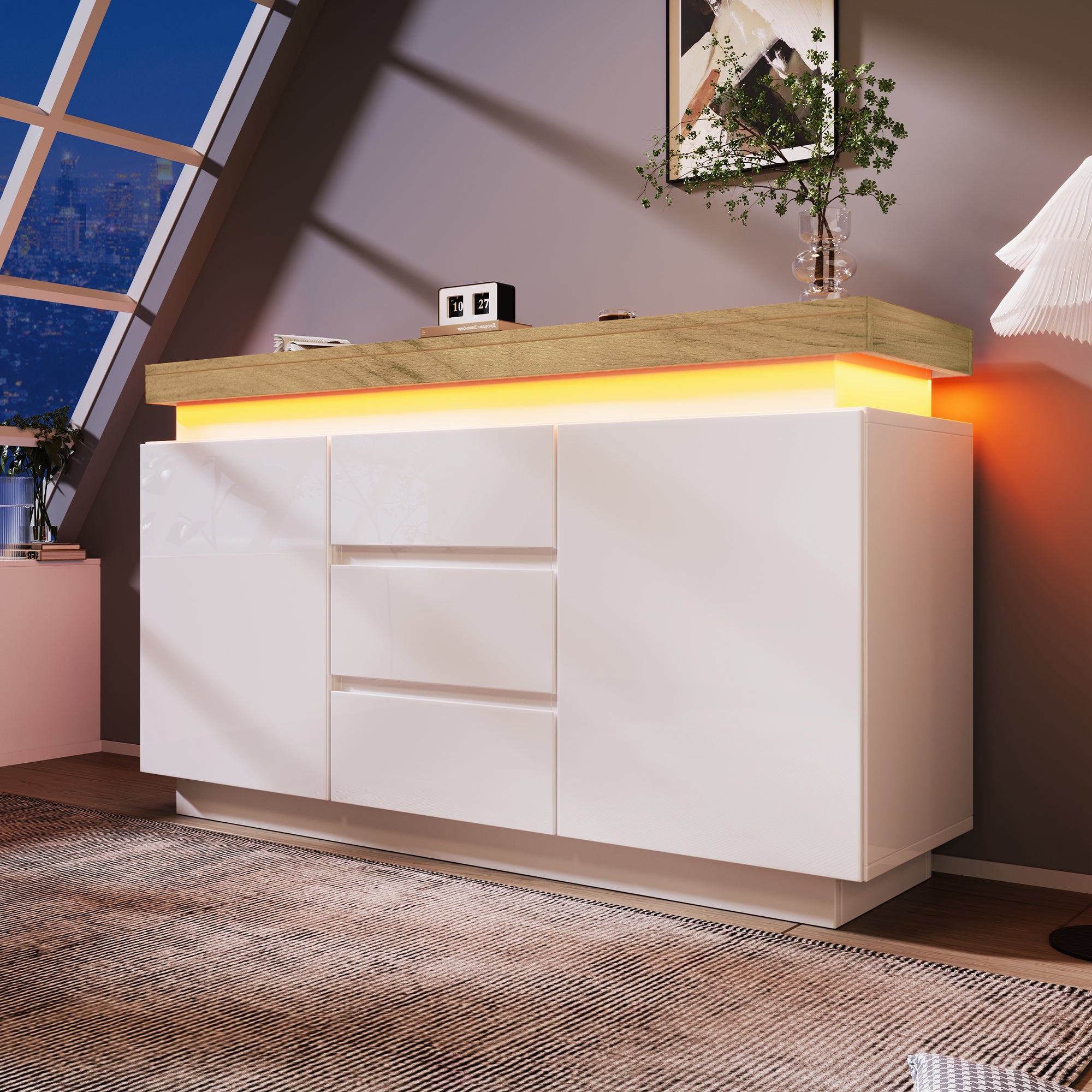 Chest of Drawers,High-gloss Sideboard Cabinet with 2 Doors and 3 Drawers,Storage with RGB LED(App-controlled),Multi-purpose Cabinet for Living Room and Bedroom, 81 x 140 x 39 cm, White