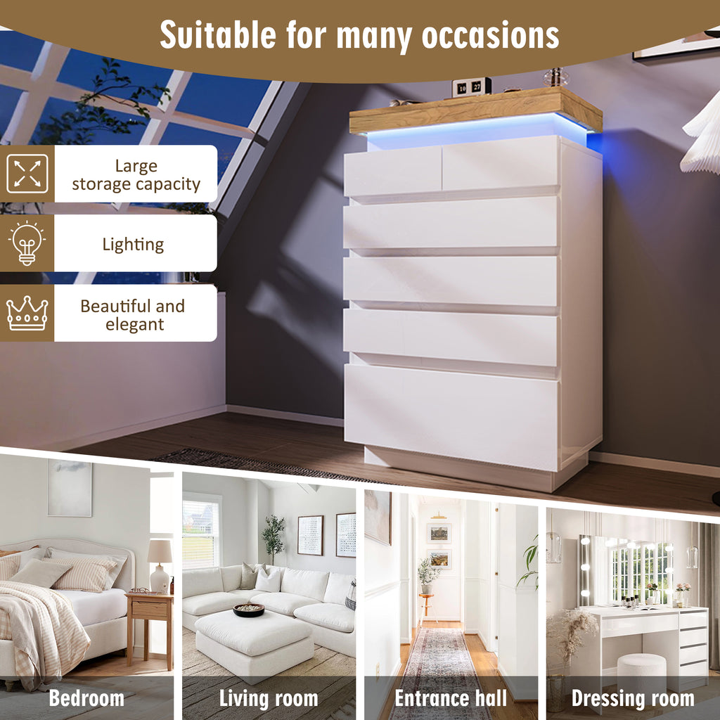 Chest of Drawers,High-gloss Sideboard Cabinet with 6 Drawers,Storage with RGB LED(App-controlled),Multi-purpose Cabinet for Living Room and Bedroom, 115 x 73 x 39 cm, White