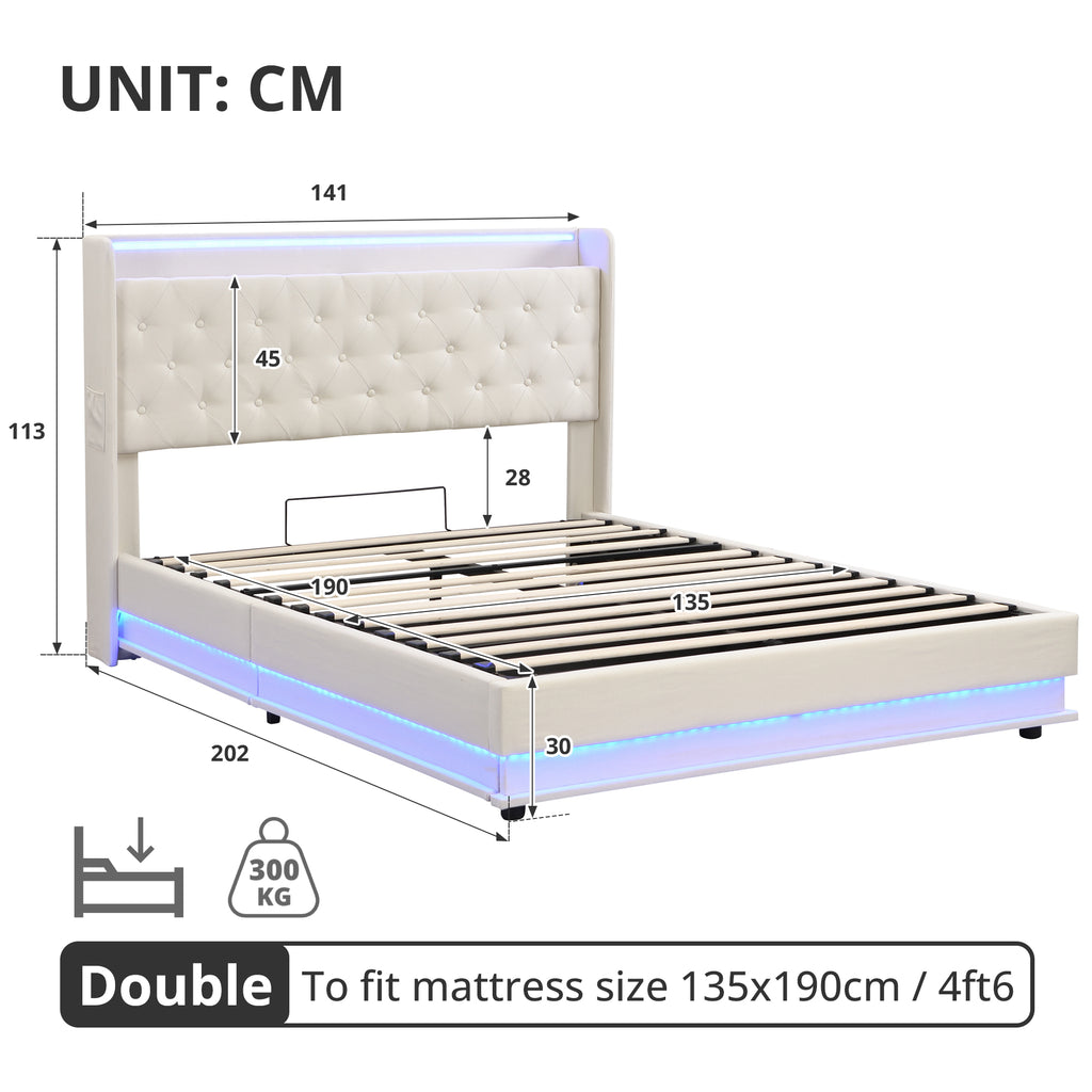 4ft6 Double Upholstered Bed Frame with Hydraulic Storage, Linen Ottoman Bed with LED Lighting and Charging Station, LED Button Tufted Headboard with USB and Type - C Ports, No Box Spring Needed, Beige