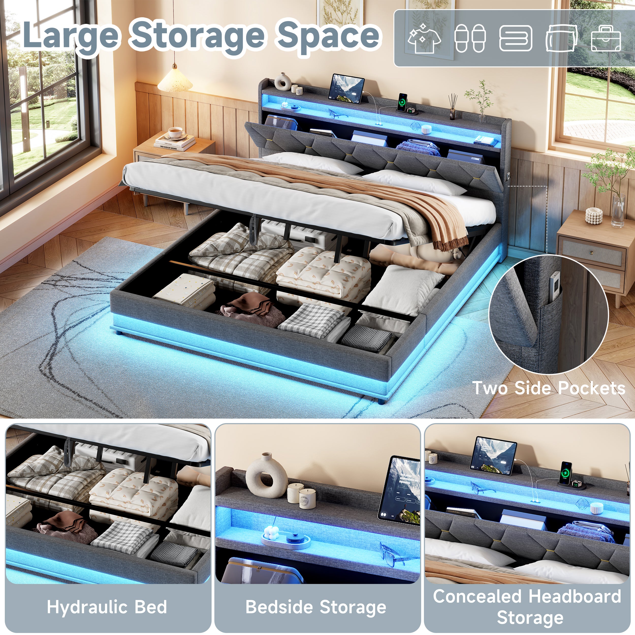 6ft Super King Upholstered Bed Frame with Hydraulic Storage,  LED Headboard with Charging Station and Concealed Headboard Storage, USB and Type - C Ports, Linen,  Grey (No Mattress)