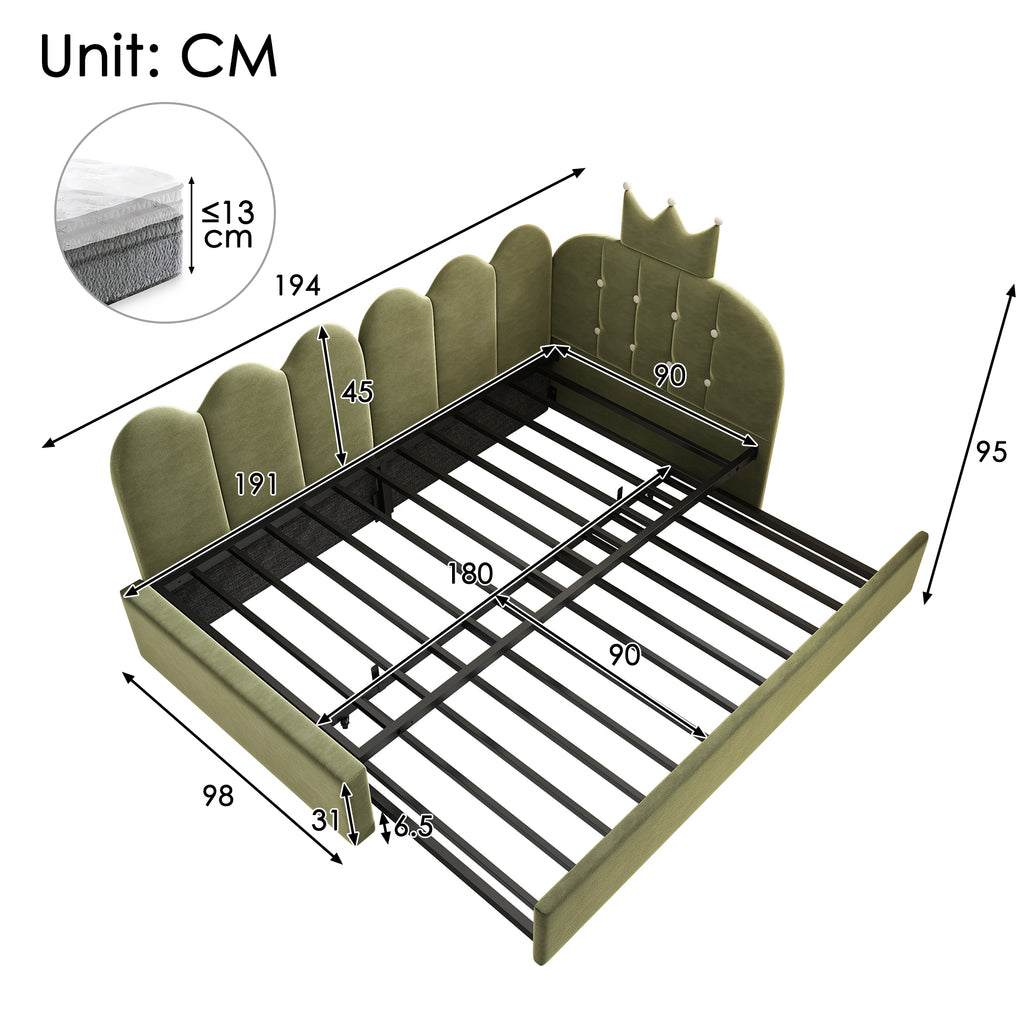 Upholstered Daybed with Pull-Out Bed, Crown-shaped Trundle Bed, 3FT Single Sofa Bed 90 x 190 cm, Guest Beds for Adults & Children, Bed with Metal Slatted Frame, Velvet, Green (No Mattress)