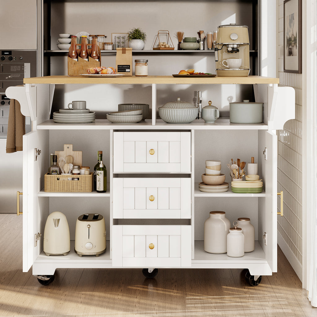 Kitchen island, cabinet, sideboard 120 x 40 (80) x 95 cm, extendable kitchen trolley with casters, extendable on both sides, with towel rail and spice rack, two doors, three drawers, black/white