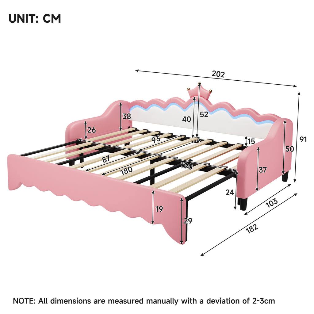 3ft Single Daybed with LED Crown Shape Headboard, PU Leather Sofa Bed Frame with Solid Wood Slat, Pull out Trundle Bed for Living Room/ Bedroom/ Study Room, Cream White + Pink (No Mattress)
