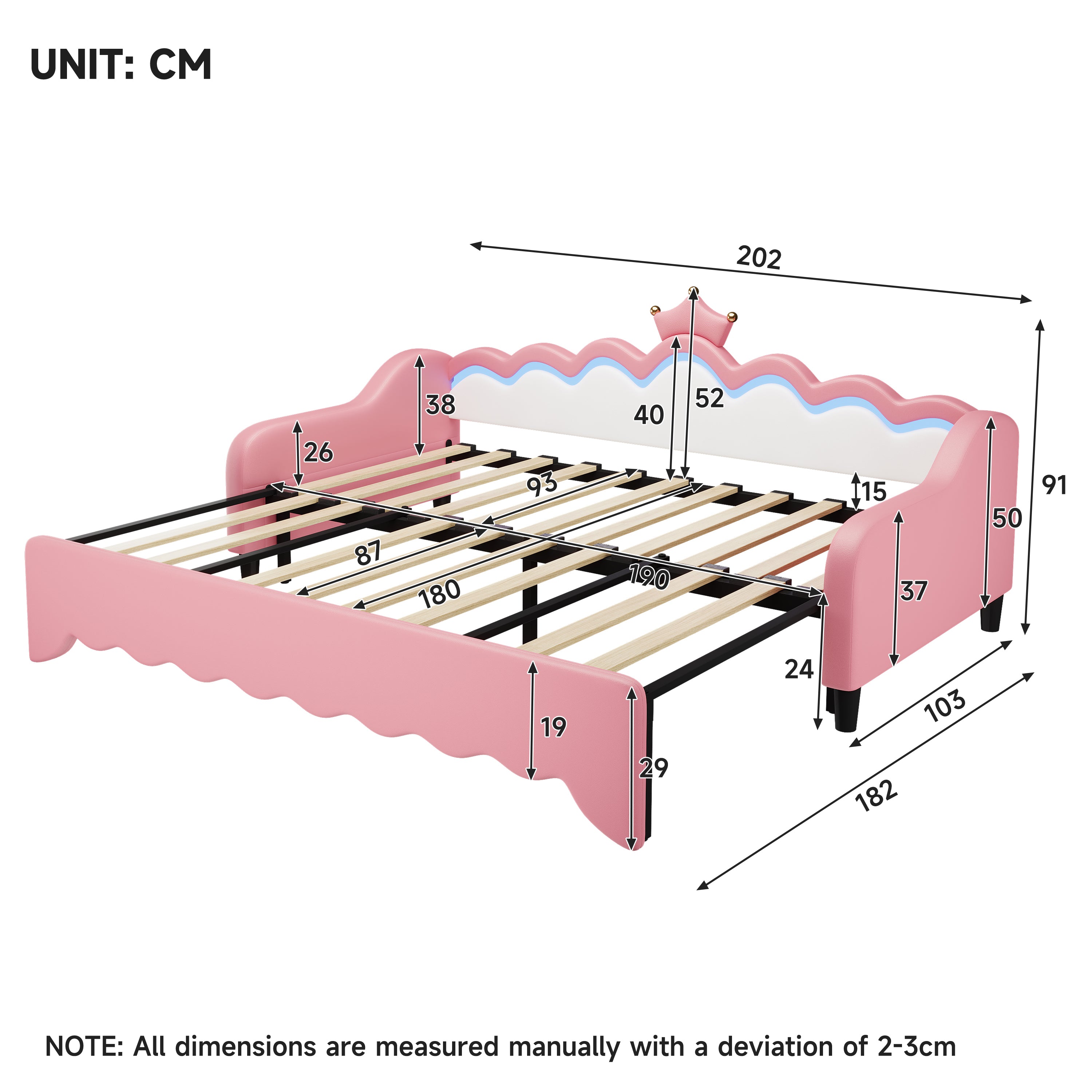 3ft Single Daybed with LED Crown Shape Headboard, PU Leather Sofa Bed Frame with Solid Wood Slat, Pull out Trundle Bed for Living Room/ Bedroom/ Study Room, Cream White + Pink (No Mattress)