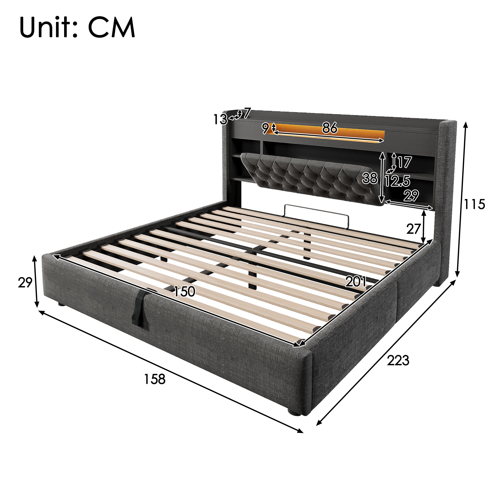 5ft King Bed with Hydraulic Storage, Upholstered Bed Frame with LED Lighting & Charging Station, Storage Headboard for Cellphones & Tablets, 150 x 200 cm, Linen, Grey (No Mattress)