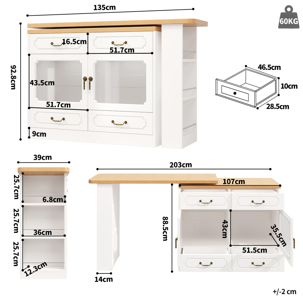 360° Rotating Kitchen Island Bar Table with App Controlled LED Lights, Buffet Sideboard with 4 Drawers & Glass Cabinet, Multifunctional Dining/Work Desk for Living Room & Kitchen