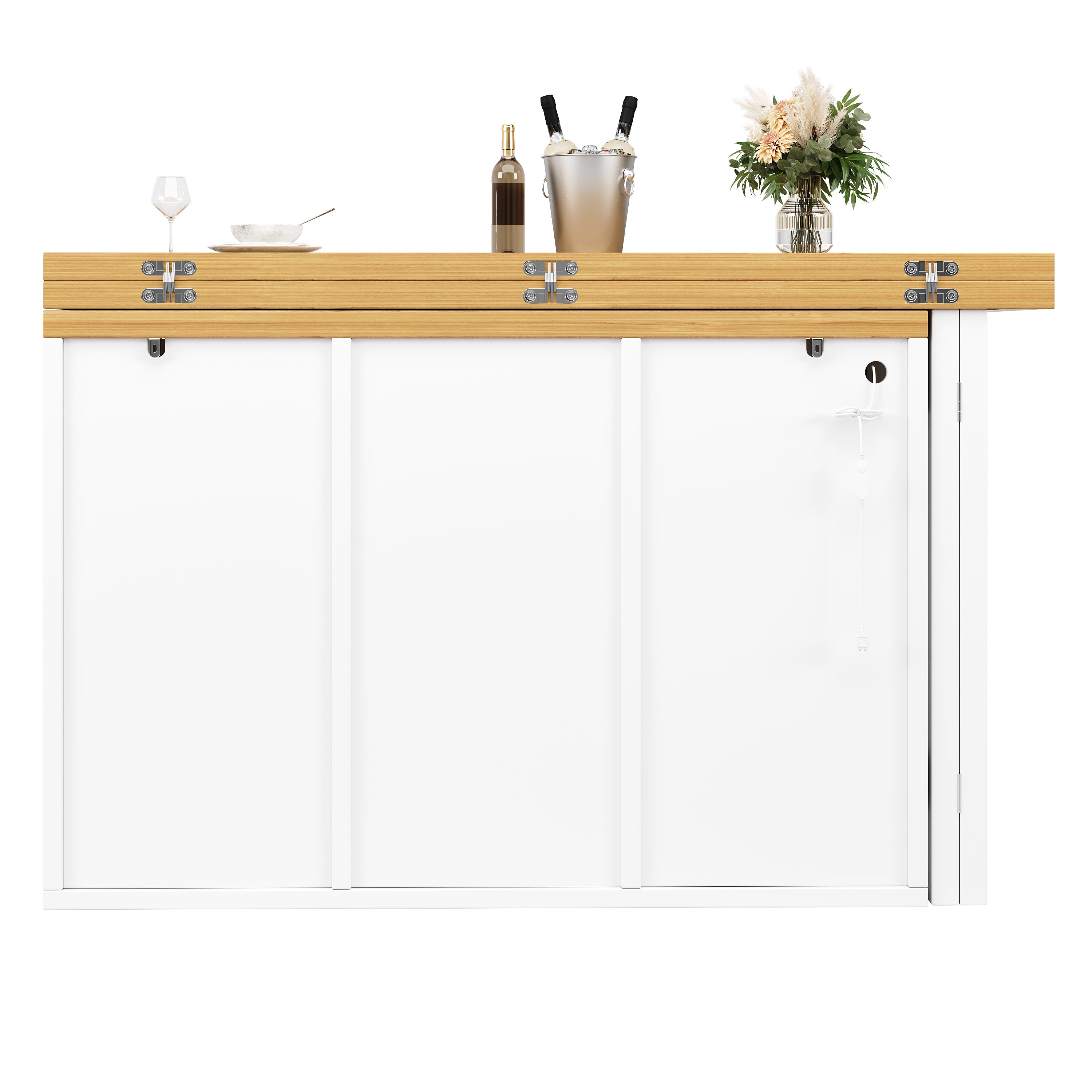 Extendable Sideboard & Dining Table Combo with LED Lights, Adjustable Dining Table with Storage, 4 Drawers & Glass Cabinet doors, White