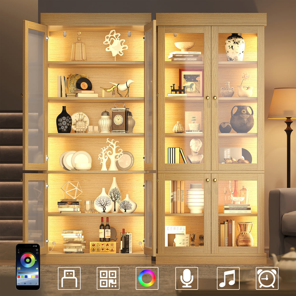 Modern freestanding cabinet with integrated LED mood lighting, glass display case, well-designed interior layout and anti-tip protection; stable, safe and versatile for the home; natural brown.