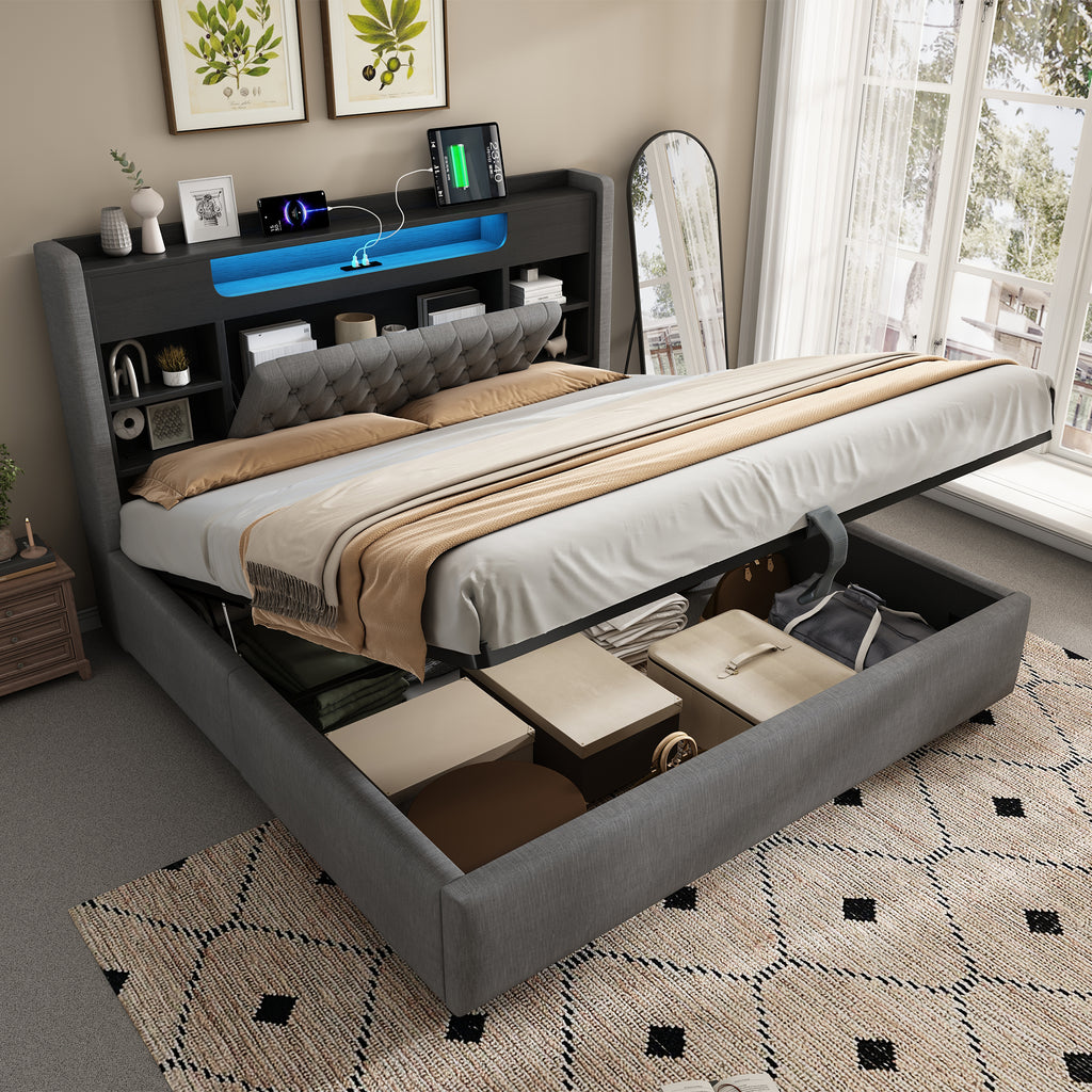5ft King Bed with Hydraulic Storage, Upholstered Bed Frame with LED Lighting & Charging Station, Storage Headboard for Cellphones & Tablets, 150 x 200 cm, Linen, Grey (No Mattress)