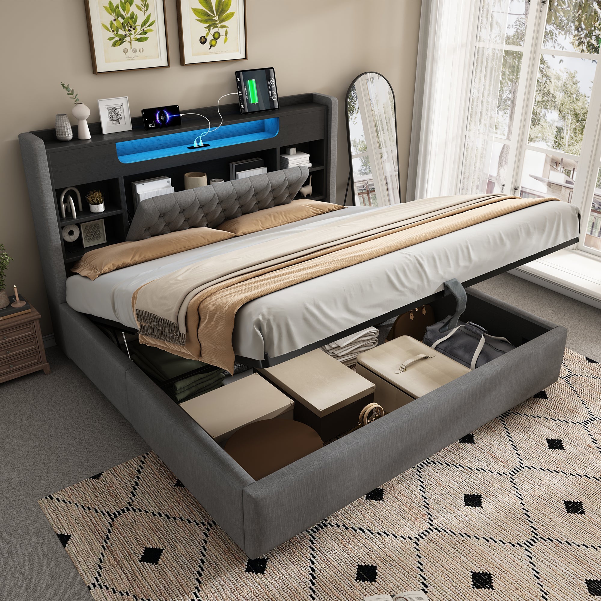 6ft Super King Bed with Hydraulic Storage, Upholstered Bed Frame with LED Lighting & Charging Station, Storage Headboard for Cellphones & Tablets, 180 x 200 cm, Linen, Grey (No Mattress)
