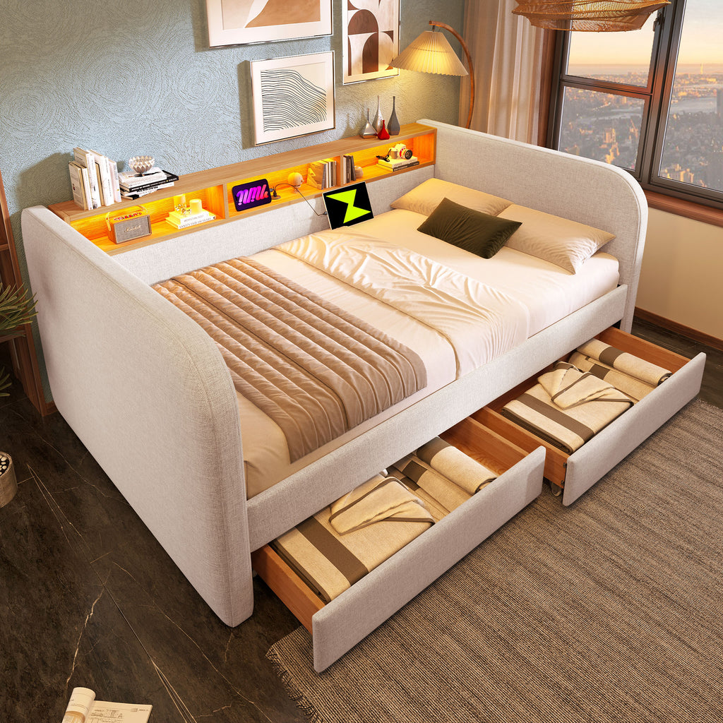 Upholstered Daybed with Headboard Storage, 90 x 190 cm Single Sofa Bed with LED and USB Type-C Reading Light, 3FT Daybed with 2 Drawers, Linen, Beige (Without Mattress)
