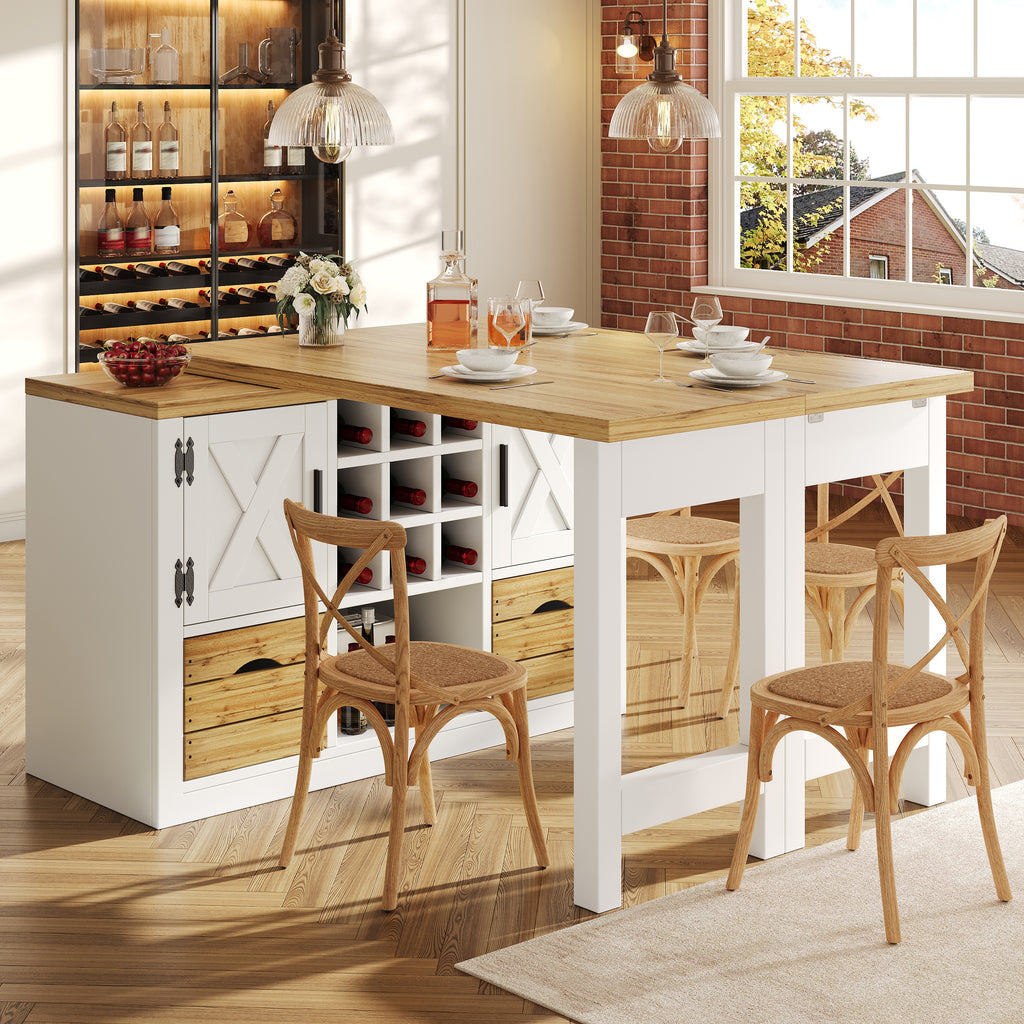 Extendable kitchen island dining table, Multifunctional dining table with sideboard, 360° rotating tabletop, extendable kitchen table with ample storage space, living room wall unit, white