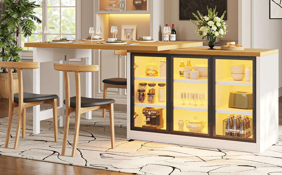 Extendable Sideboard & Dining Table Combo with LED Lights, Push-to-Open Glass Display Cabinet, Space Saving Sideboard for Small Flat, White