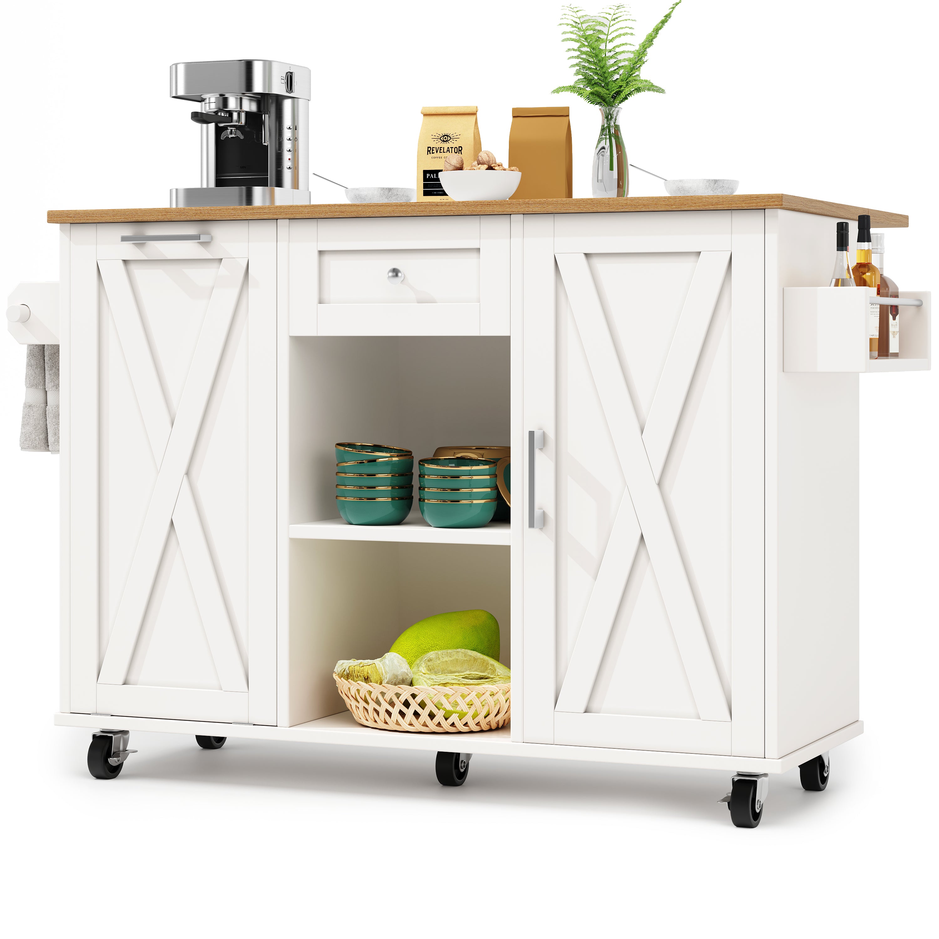 Modern kitchen island,cabinet for rubbish bins, multifunctional dining table with storage space, serving trolley with snack shelves and stretch function cabinets, white(Excluding the dustbin)