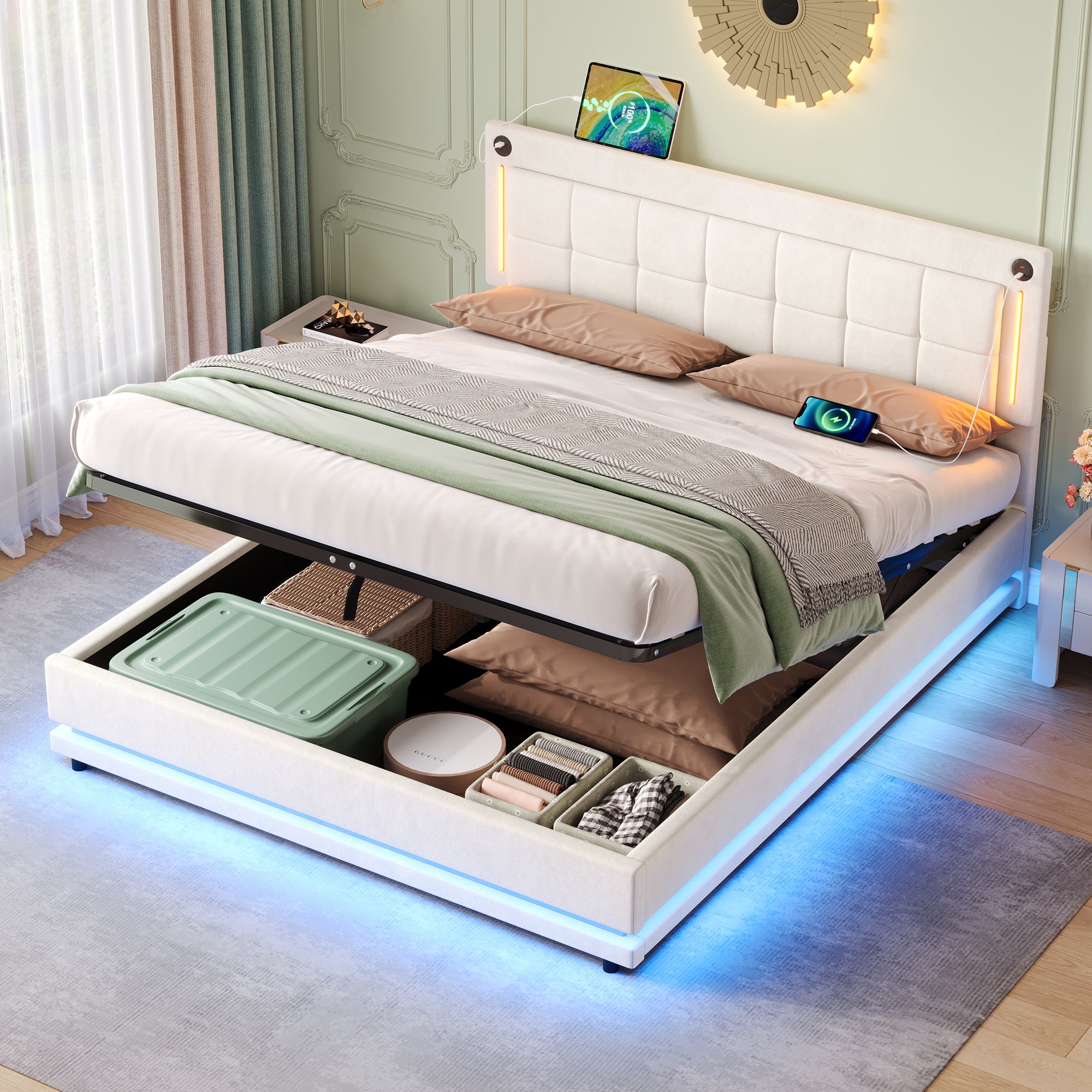 5ft King LED Hydraulic Bed with Charging Station, Adjustable Square Tufted Headboard with Intelligent Control Light, Soft Velvet Bed Frame with USB and Type - C Ports, Beige (No Mattress)