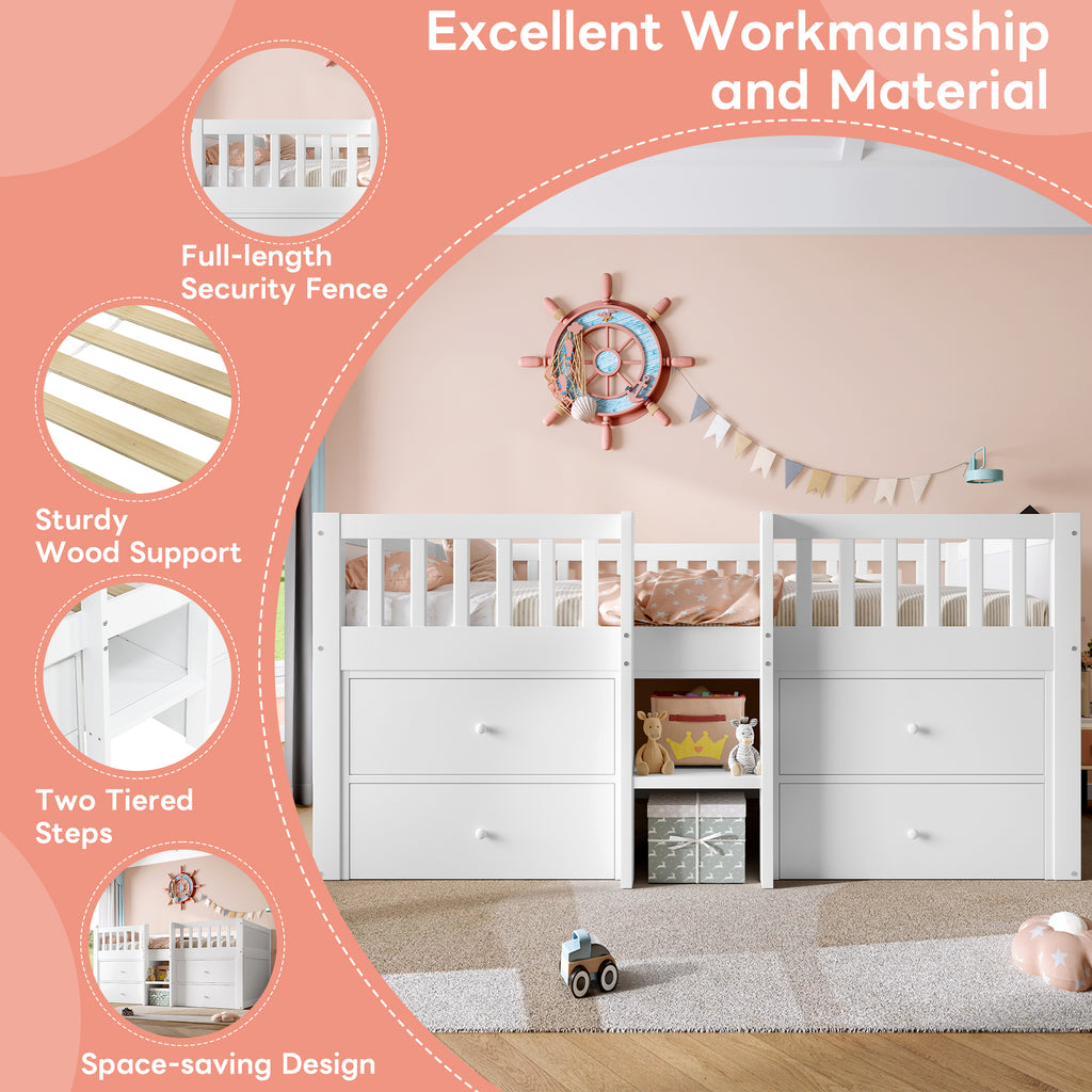 Low Loft Bed with Storage, Solid Wood Bed Frame with Drawer Storage, 3ft Single Bed with Guardrail, No Box Spring Needed, Saving-space Design for Bedroom, Modern Bed for Children, White (No Mattress)
