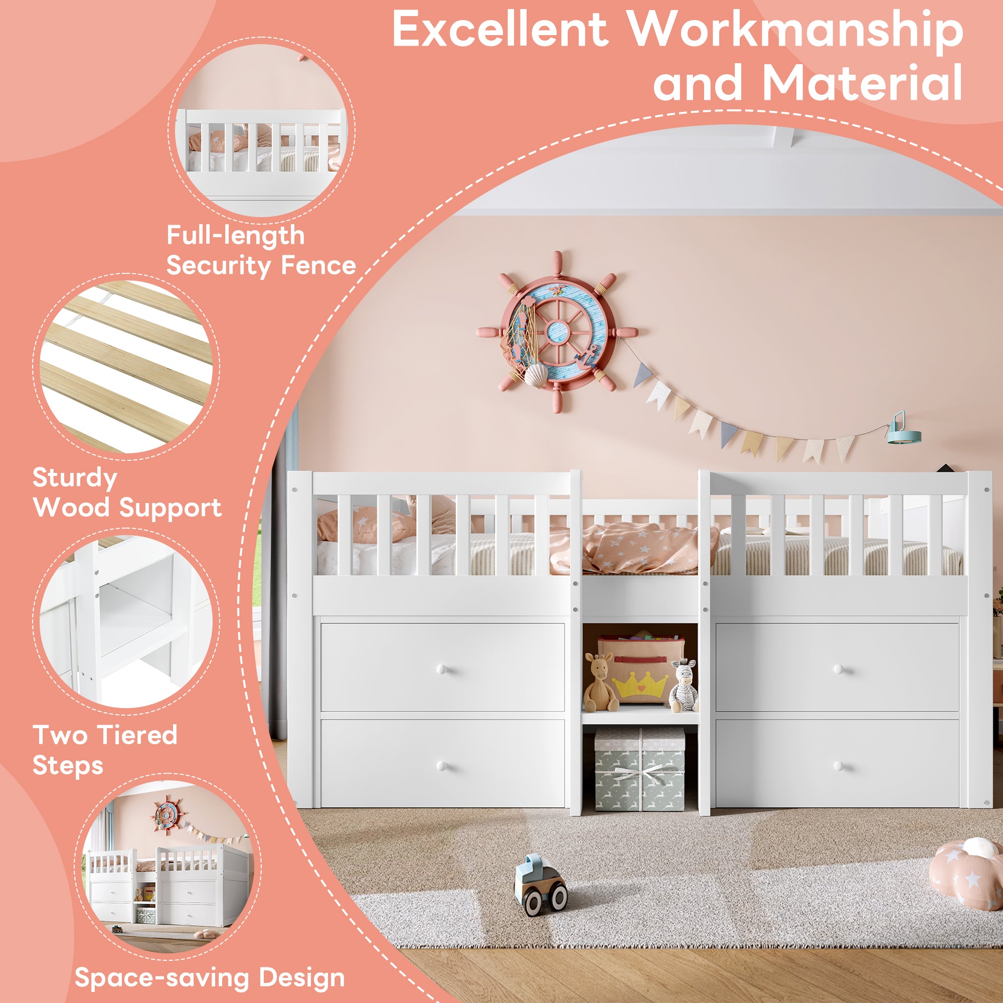 Low Loft Bed with Storage, Solid Wood Bed Frame with Drawer Storage, 3ft Single Bed with Guardrail, No Box Spring Needed, Saving-space Design for Bedroom, Modern Bed for Children, White (No Mattress)