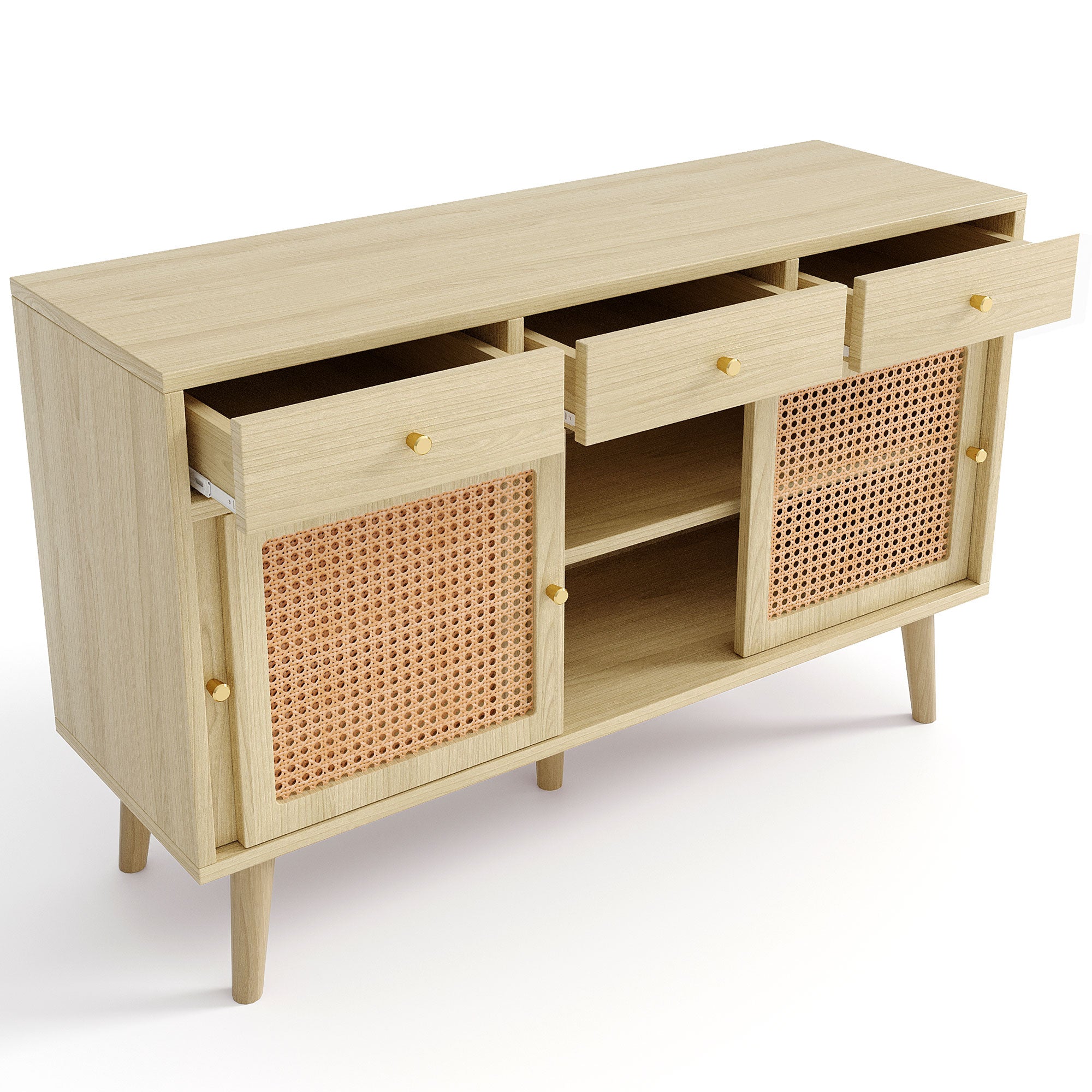 Modern retro rattan door sideboard 120*40*78cm, three drawer storage cabinet, wooden frame, stylish leg design, suitable for living room, dining room and entrance