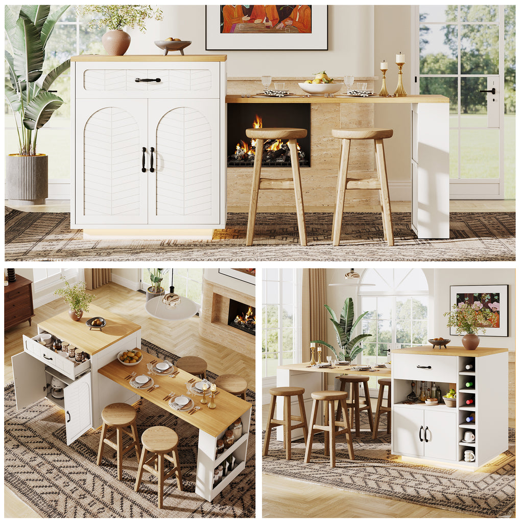 Extendable Kitchen Island with Dining Table, Multifunctional Storage Cabinet with Drawers, Doors, Wine Rack & LED Light, for Kitchen & Dining Room