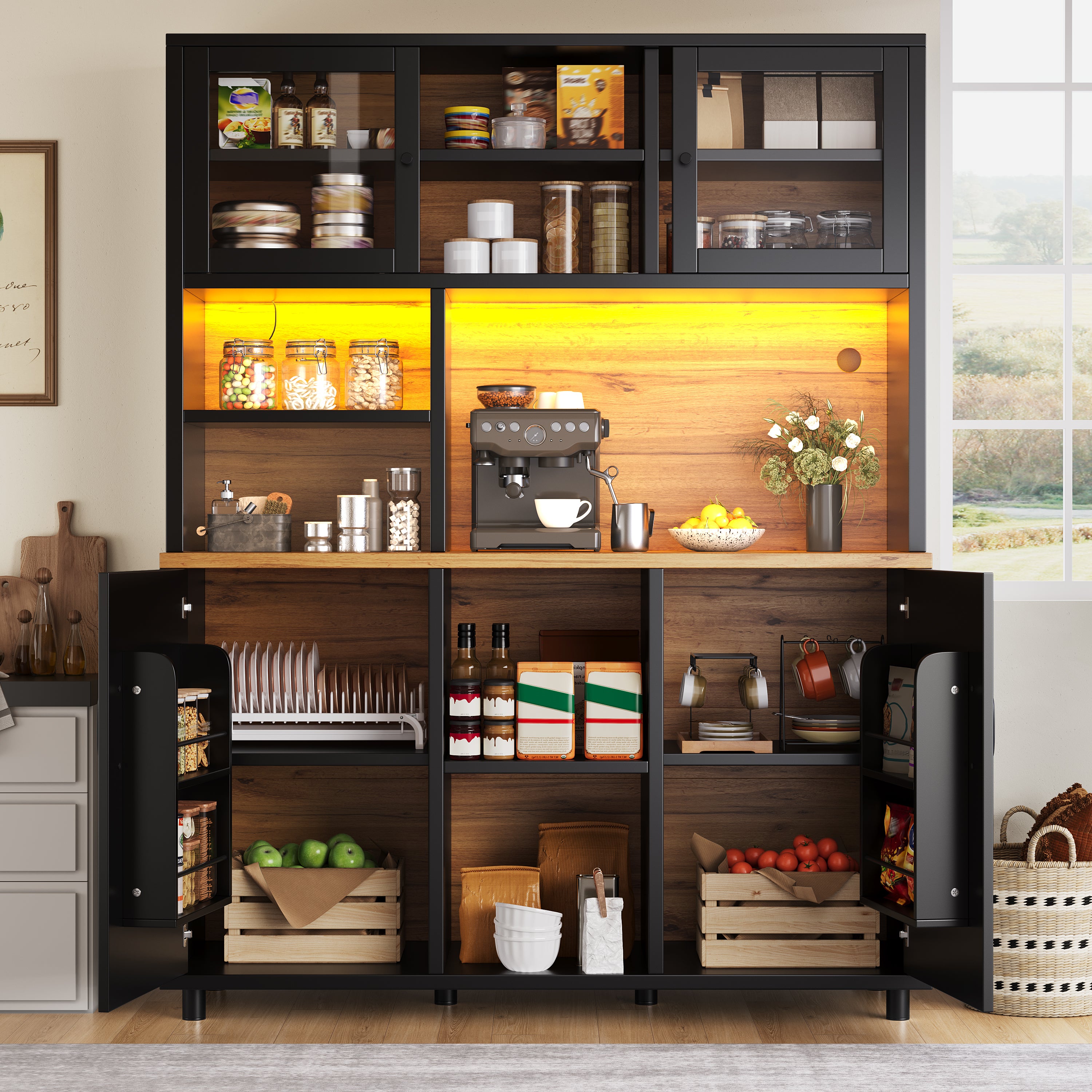 Tall cabinets for the living room, kitchen cabinet, dining room cabinet, cabinets with LED lighting, cabinet door with snack shelf, retro style, black