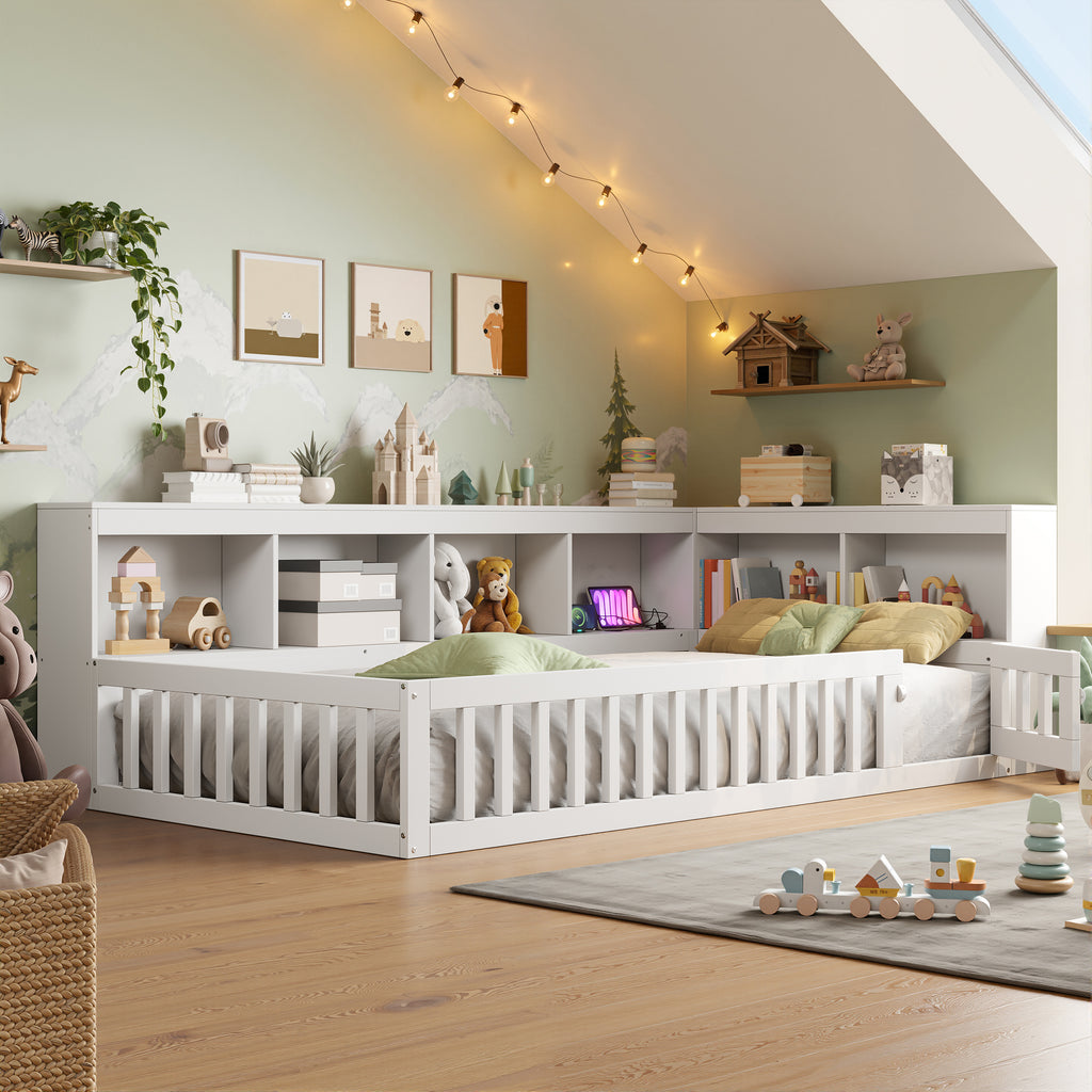 3ft Single Floor Bed Frame with Beside Bookcase and Storage Shelves, Full Floor Bed Frame with Guardrails and Door for Bedroom, USB and Type - C Ports, White (No Mattress)